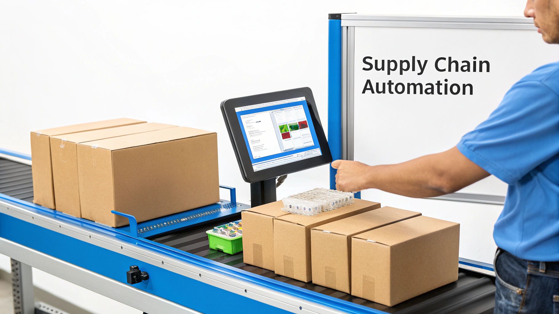 A worker interacts with a touchscreen managing cardboard boxes on a conveyor belt for supply chain automation.