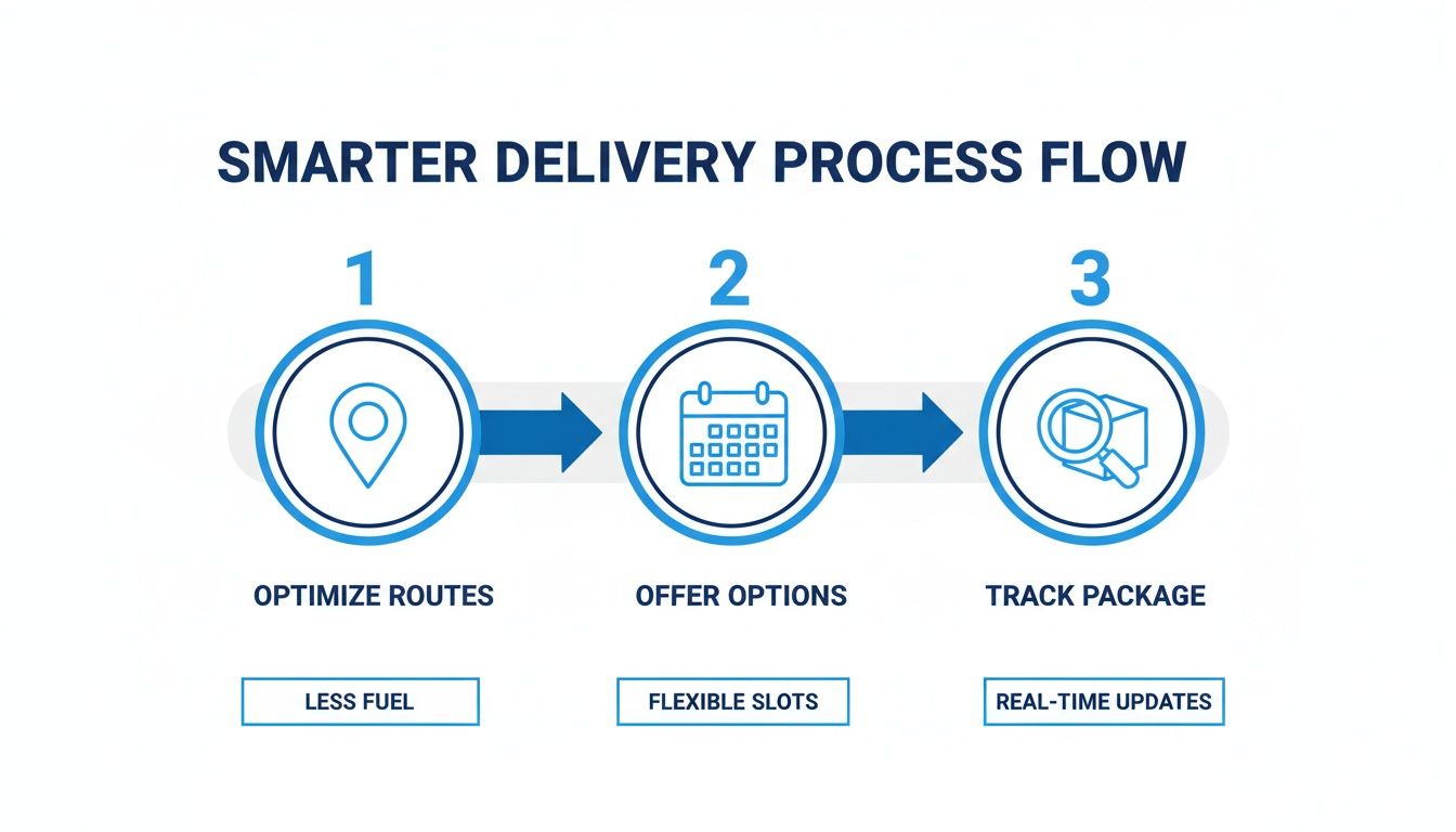 Infographic showing a smarter final mile delivery process with route optimization, flexible options, and real-time tracking.