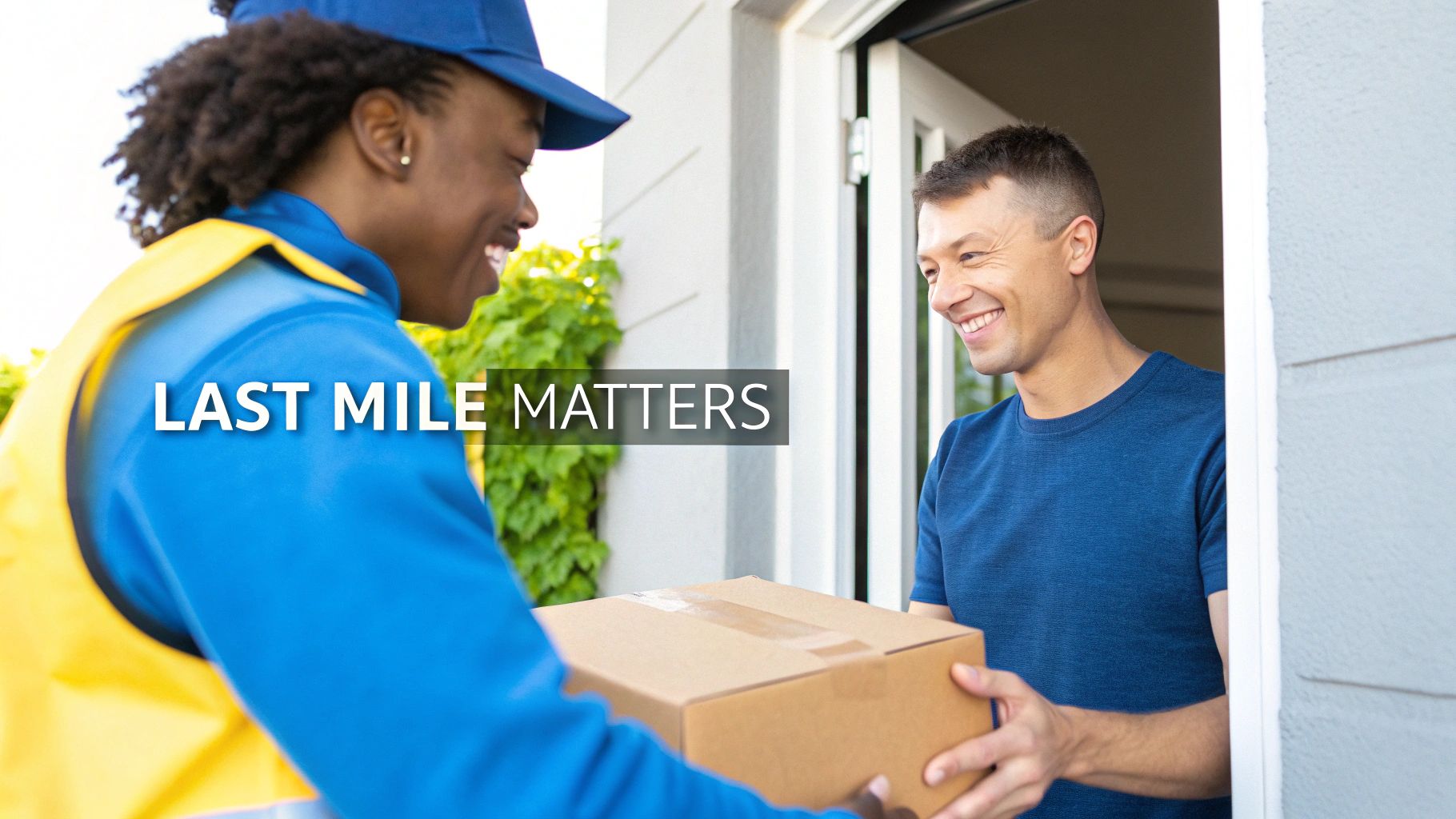 A smiling delivery person in uniform hands a package to a happy customer at his doorstep.