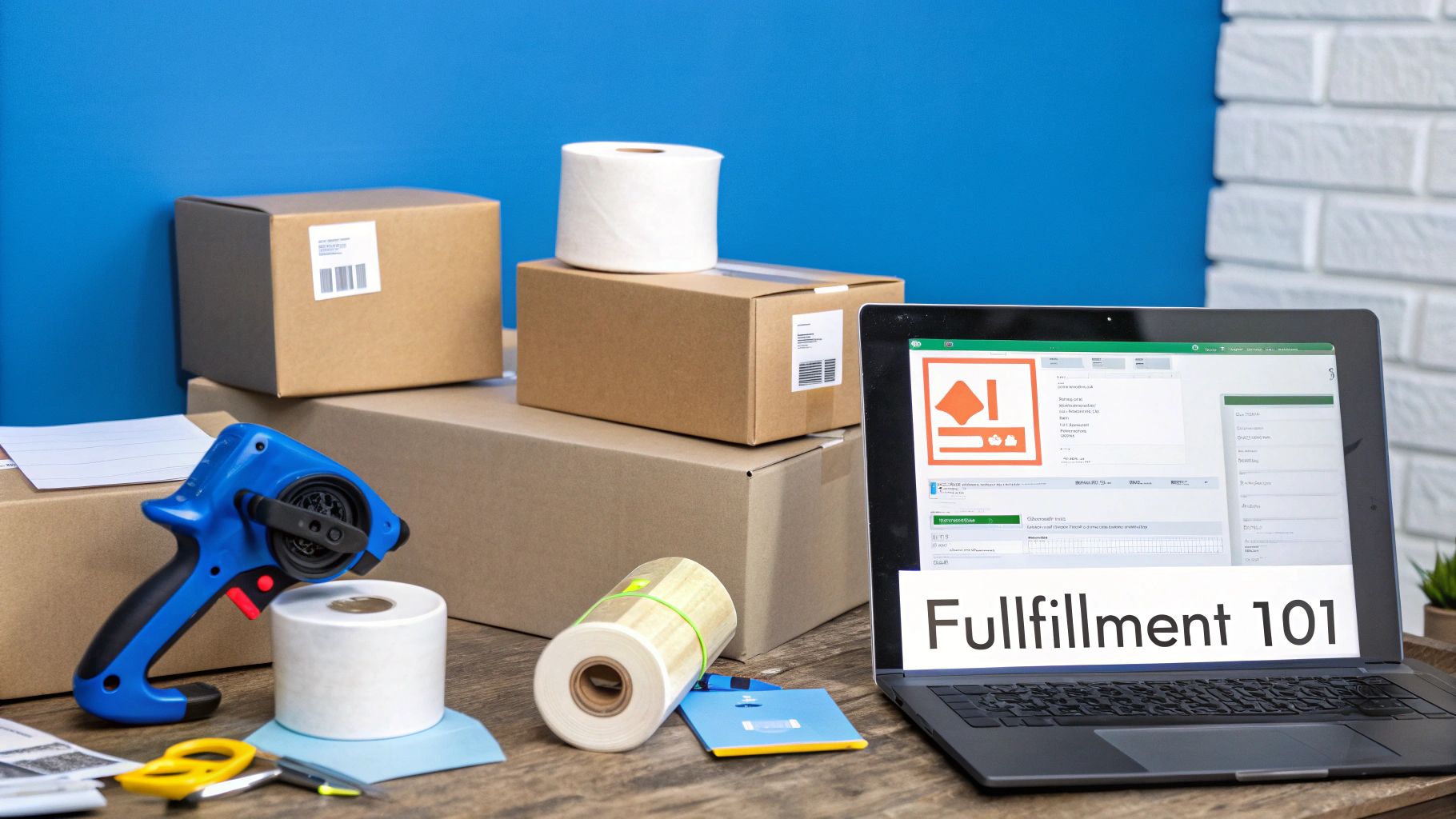 A laptop displays 'Fulfillment 101' next to various shipping boxes and packing supplies on a wooden desk.