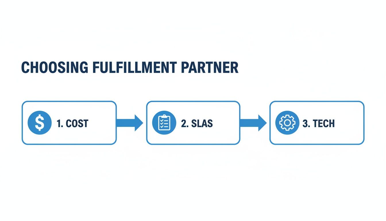 Flowchart illustrating the three key steps for choosing a fulfillment partner: cost, SLAS, and technology.