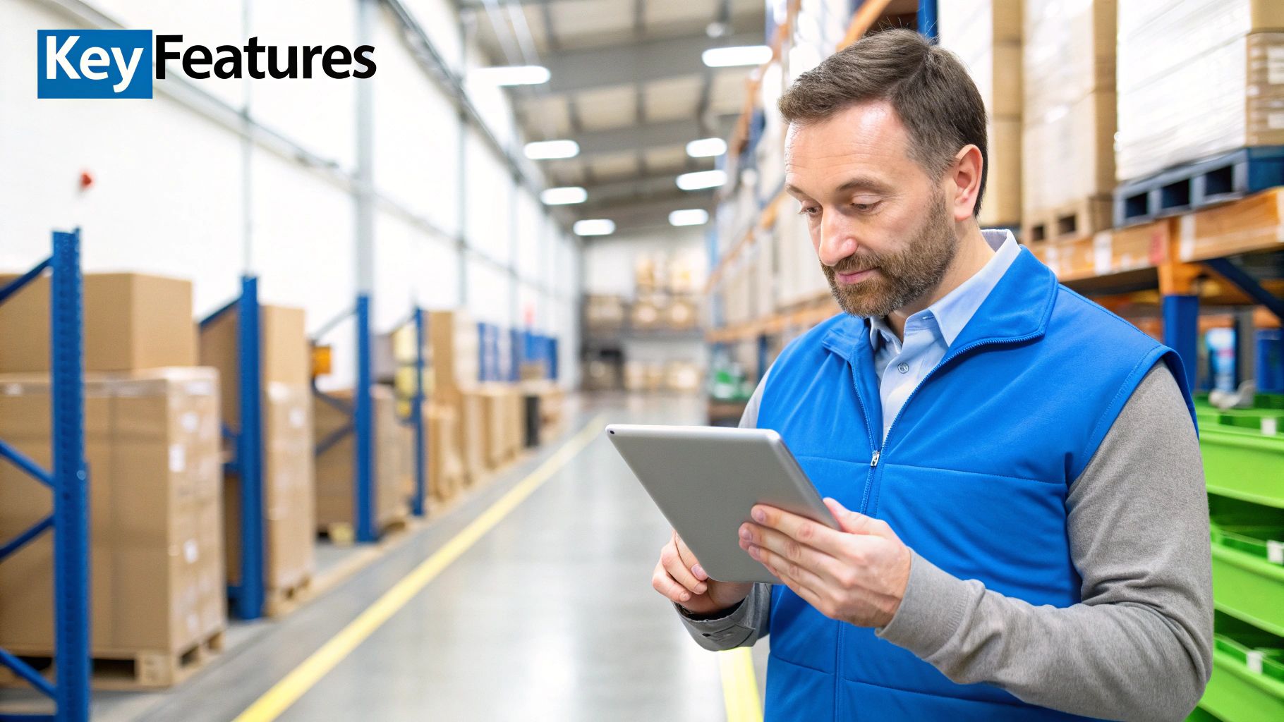 Man in a warehouse checking inventory on a digital tablet, surrounded by shelves of boxes.