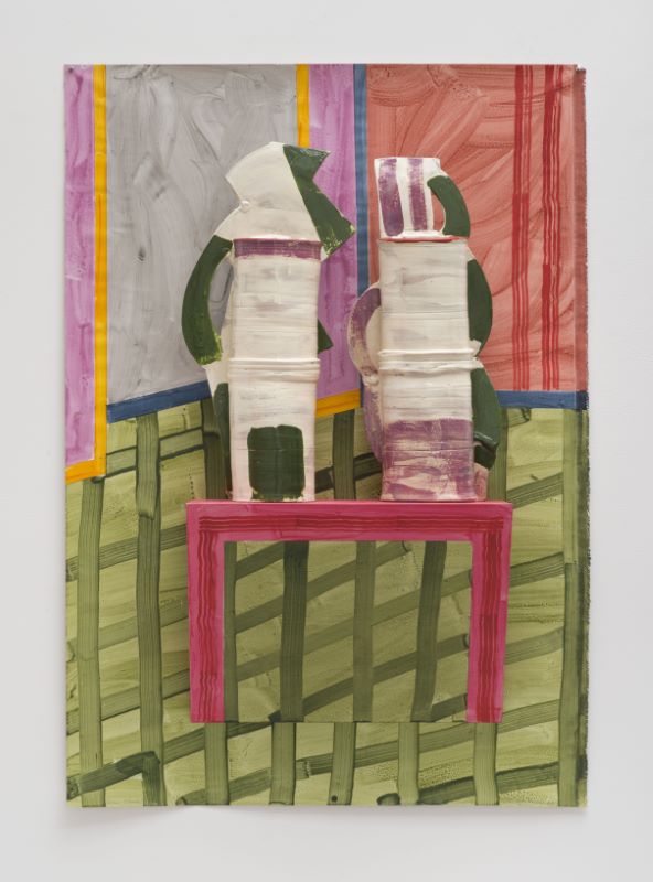 L to R: All artworks by Betty Woodman. “Green Checks,” 2014. Glazed earthenware, epoxy resin, lacquer, acrylic paint, canvas, and wood. 60 1/2 x 43 x 10 1/4 in. Photo: Brian Forrest / “Tuesday Afternoon,” 2016. Glazed earthenware, epoxy resin, acrylic paint, and canvas. 84 x 38 x 13 in. Photo: Jeff McLane / “From Nina’s Room,” 2016. Acrylic paint, pencil, ink, and collage on paper. 29 x 36 in. Photo: Phoebe d’Heurle. All images Courtesy of David Kordansky Gallery.