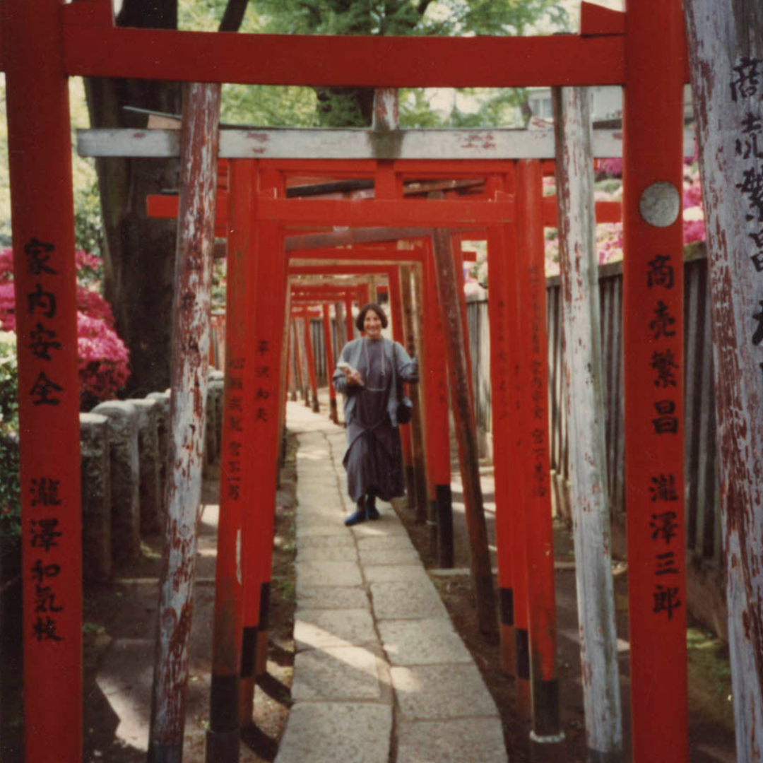 Detail: Betty Woodman walking under torii gates, Japan, 1990 / Pair: Details of Betty Woodman and George Woodman in a traditional ryokan inn, Japan, 1990 / Betty Woodman, Japan, 1990 / George Woodman, Japan, 1990 / George Woodman, Shinto shrine, Japan, 1990 / Hōryū-ji Temple, Nara, Japan, 1990 / Buddhist Guardian statue, Hōryū-ji Temple, Nara, Japan, 1990 / Pillars, Hōryū-ji Temple, Nara, Japan, 1990 / Shave ice stall, Japan, 1990. Woodman Family Foundation Archives.