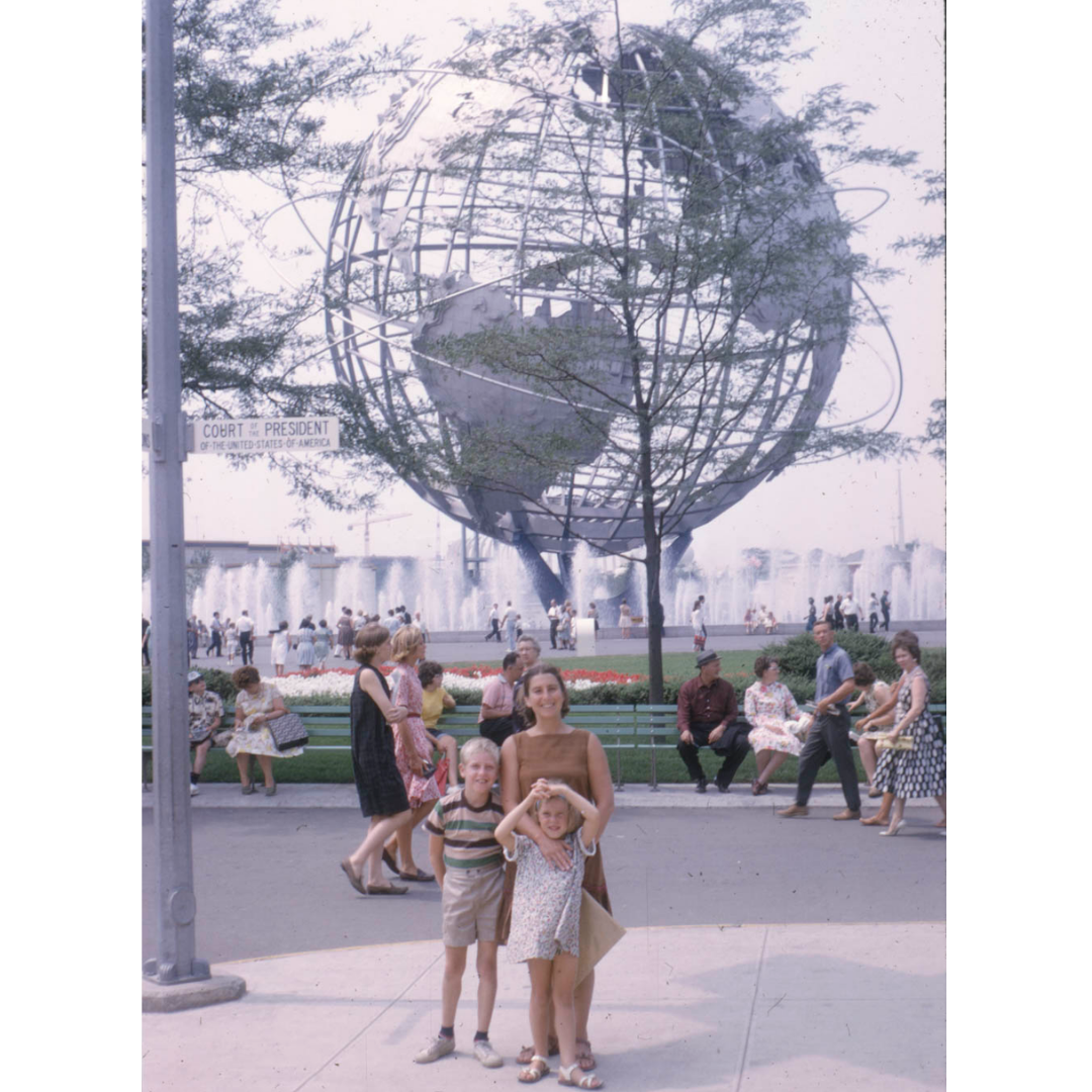 L to R: Betty, Charles, and Francesca Woodman in front of the New York World's Fair Unisphere, 1964 / Charles and Francesca Woodman in front of Thailand's pavilion, 1964 / Bird's eye view of the New York World's Fair, 1964. Woodman Family Foundation Archives.