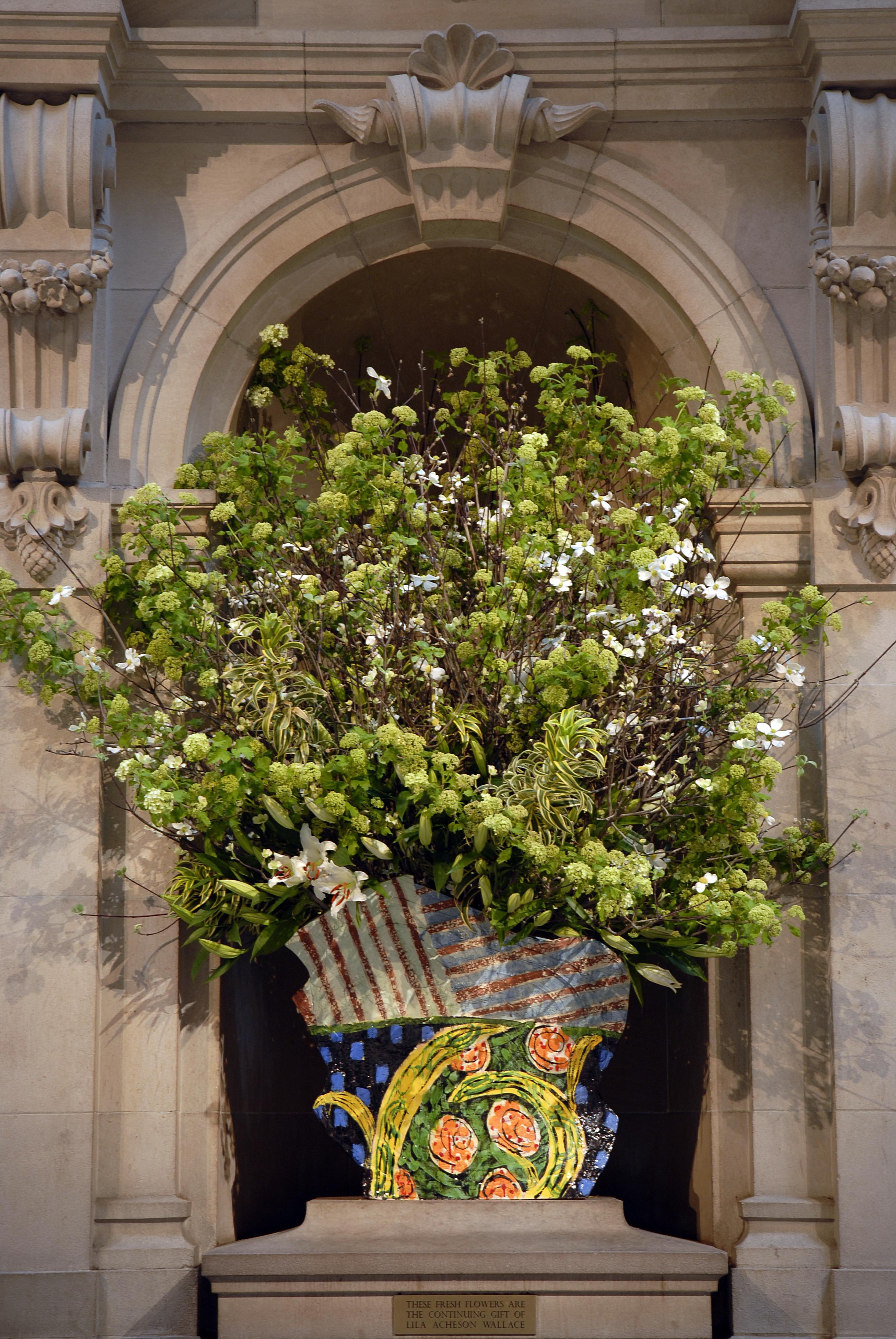 L to R: 1-2: Installation views of Betty Woodman's “Horizontal Garden” (2005), The Great Hall, The Metropolitan Museum of Art, 2006. 29 x 32 x 18 in. Glazed earthenware | Installation view of “The Art of Betty Woodman,” The Metropolitan Museum of Art, New York, NY, April 25—July 30, 2006. Photo: Eli Ping