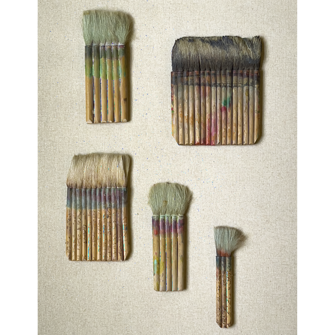 L to R: Images 1-4: Betty Woodman’s brushes / Detail of "Roman Girls," 2008, 35 x 70 x 11 in. Glazed earthenware, epoxy resin, lacquer, paint / Detail of "History of the Amphora," 2011, 6 ft. x 8 ft. x 1 in. Glazed earthenware, epoxy resin, lacquer, acrylic paint / Detail of “Country House,” 2005, 66 x 32 x 9 1/2 in. Glazed earthenware, epoxy resin, lacquer / Woodman’s glazes / Detail of "Spring Wall Relief," 2009, 60 x 48 x 1 in. Glazed earthenware / Detail of "His and Hers Vases: Ferris Wheel," 2006, 28.5 x 73 x 14.5 in. Glazed earthenware, epoxy resin, lacquer, and paint / All works by Betty Woodman. © Woodman Family Foundation / Artists Rights Society (ARS), New York. Woodman Family Foundation Archives.