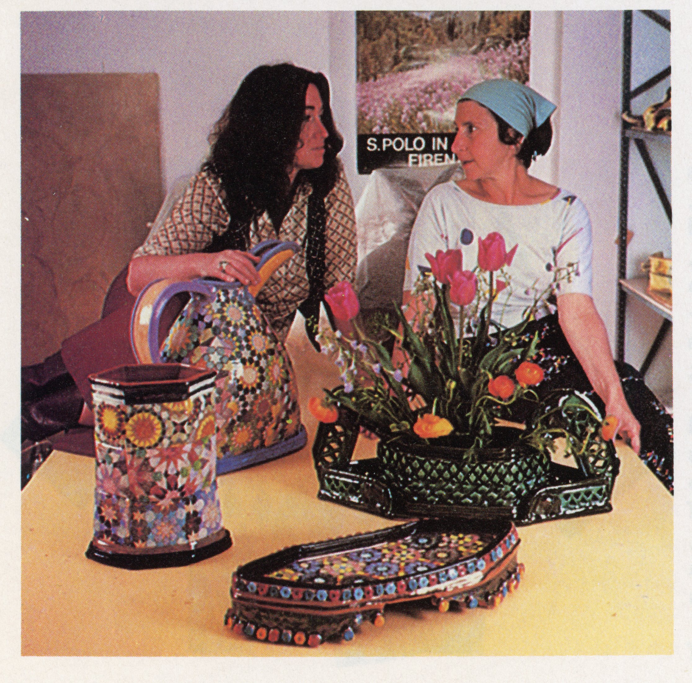 L to R: Betty Woodman with Joyce Kozloff, 1981. Photo: Sylvia Plachy / 2-4: Betty Woodman, collaboration with Joyce Kozloff. “Cups," (3 of 12), 1980. 5 in. diameter / "Chrysanthemum Vase," 1980. 14 in / “Purple Toucan Pitcher,” 1980. 17 in. All glazed earthenware / 5-7: Betty Woodman, collaboration with Cynthia Carlson. Installation views, "An Interior Exchanged,” ArtisanSpace, Fashion Institute of Technology, New York, 1982. Dimensions variable. All paint and glazed ceramic.