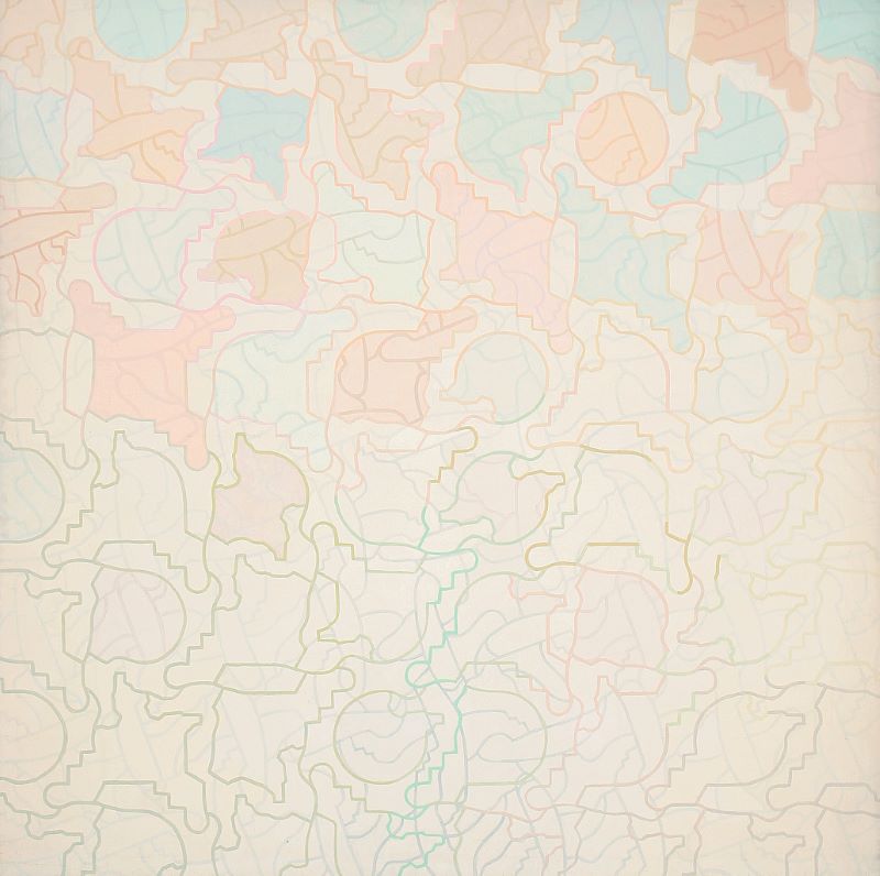 L to R: “Canon," 1980, 66 x 66 in. Acrylic on canvas / 2-6: Spreads from the exhibition catalogue for “19 Artists—Emergent Americans,” The Solomon R. Guggenheim Museum, New York / "La Grande Fontaine du Printemps," 1980, 85 x 84 in. Acrylic on canvas / "Tessellation Sky,” 1975. 54 1/2 x 54 1/2 in. Acrylic on canvas. Collection The Solomon R. Guggenheim Museum. All works by George Woodman © Woodman Family Foundation / Artists Rights Society (ARS), New York