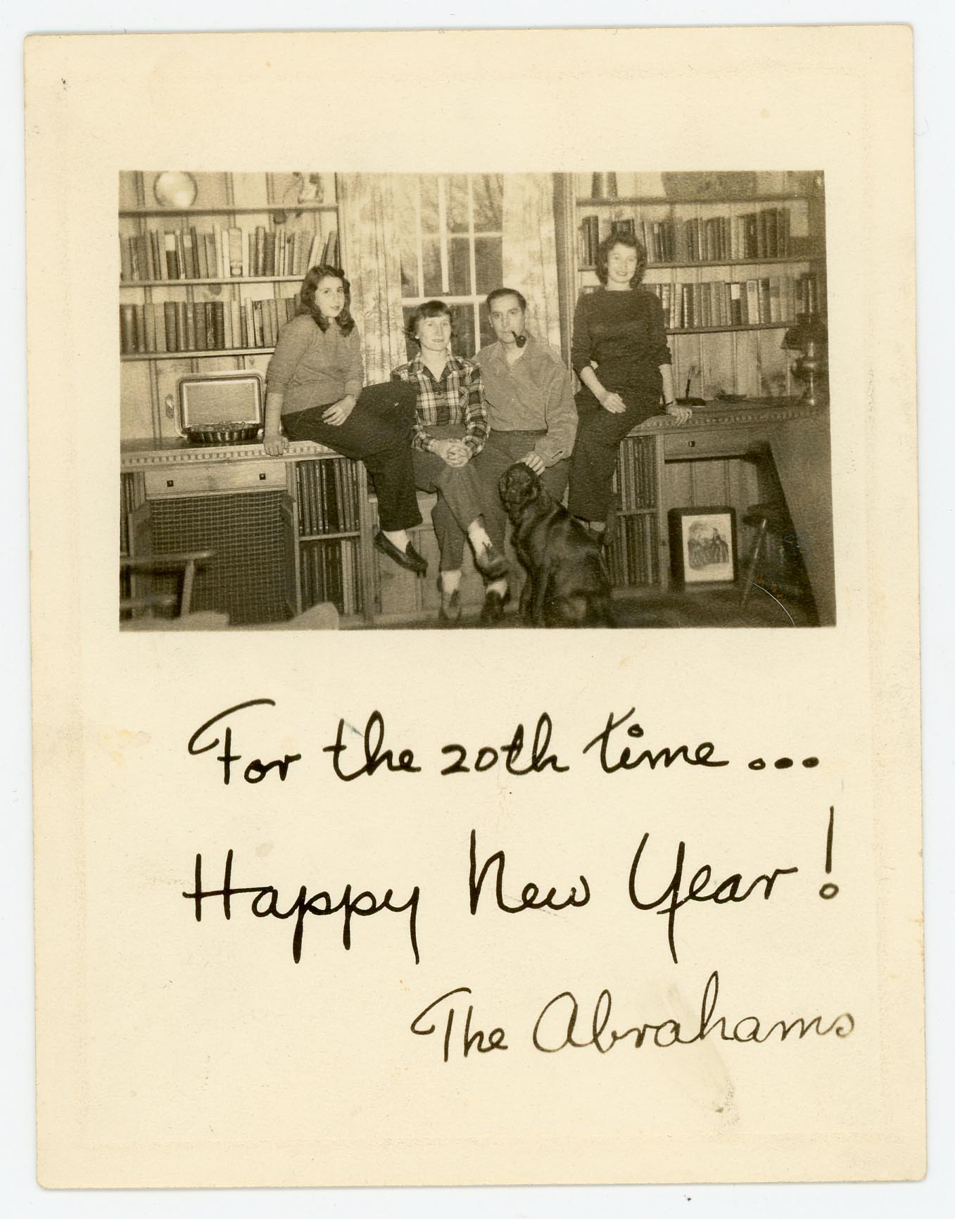 The Abrahams Family New Year card, circa 1946-1950. From left to right: Betty, Minnie, Henry and Dot Abrahams.