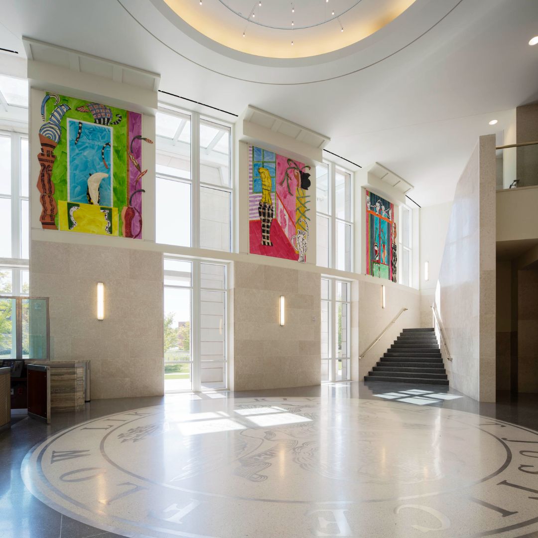L to R: 1, 3, 5, 7, 8: Installation views, Christopher S. Bond Courthouse, Jefferson City, MO. Commissioned by the US General Services Administration. Photo © Aaron Dougherty | 2: “River View: Sunshine,” 2012, approx. 11 x 8.5 ft. Glazed earthenware, epoxy resin, lacquer, acrylic paint, canvas, wood | 4: “River View: Day Dreaming,” 2012, approx. 11 x 8.5 ft. Glazed earthenware, epoxy resin, lacquer, acrylic paint, canvas | 6: “River View: Vases at Dusk,” 2012, approx. 11 x 8.5 ft. Glazed earthenware, epoxy resin, lacquer, acrylic paint, canvas, wood | 9: Thomas Hart Benton painting “A Social History of the State of Missouri,” 1936. Commerce and Industrial Development Collection, Missouri State Archives. | 10: Betty Woodman’s site visit to the Christopher S. Bond Courthouse, Jefferson City, MO, 2012. Artworks by Betty Woodman © Woodman Family Foundation / Artists Rights Society (ARS), New York