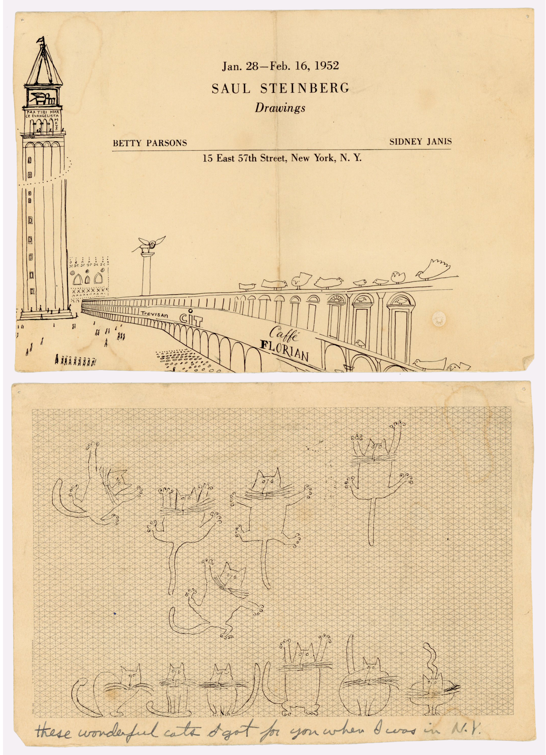 Saul Steinberg show announcement from George Woodman to Betty Woodman, 1952; front and back. Woodman Family Foundation Archives