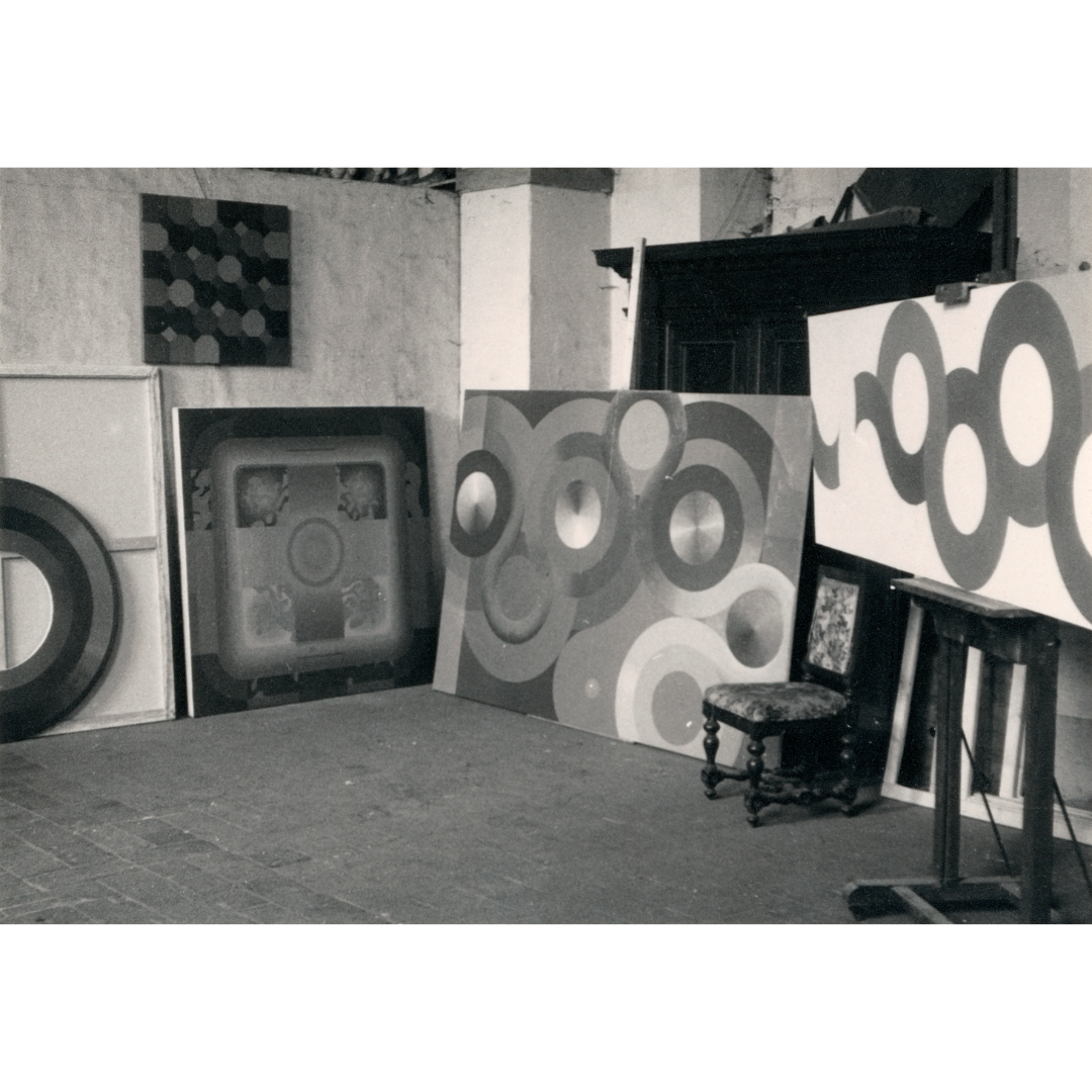 L to R: 1: George Woodman’s studio, Tuscany, Italy, c. 1965-66 | 2: “Untitled,” 1965, 63 x 94 in. Oil on canvas | 3: “Untitled,” 1967, 31 3/4 x 31 3/4 in. Oil on canvas. Image courtesy Simone Begani | 4: “Untitled,” c. 1965-66, dimensions unknown. Oil on canvas | 5: “Untitled,” c. 1966, 40 x 40 in. Oil on canvas | 6: “Cosmati,” 1966, 60 x 60 in. Oil on canvas | 7: Cosmati tile detail Cattedrale di Anagni, Anagni, Italy © Museo della Cattedrale di Anagni | 8: “Untitled,” c. 1966, 59 1/2 x 59 in. Oil on canvas | 9: Sketch for painting, c. 1965-66 | 10: “Trajan’s Column,” 1965/1966, 33 1/2 x 201 in. Acrylic on canvas | 11: Sketch for painting, undated | 12-14: Details from “Trajan’s Column,” 1965/1966 | 15: Exhibition announcement, “George E. Woodman: The Italian Paintings,”University Memorial Center Art Gallery, University of Colorado, Boulder, Colorado, 1966. All sketches and artworks by George Woodman © Woodman Family Foundation / Artists Rights Society (ARS), New York. Woodman Family Foundation Archives.
