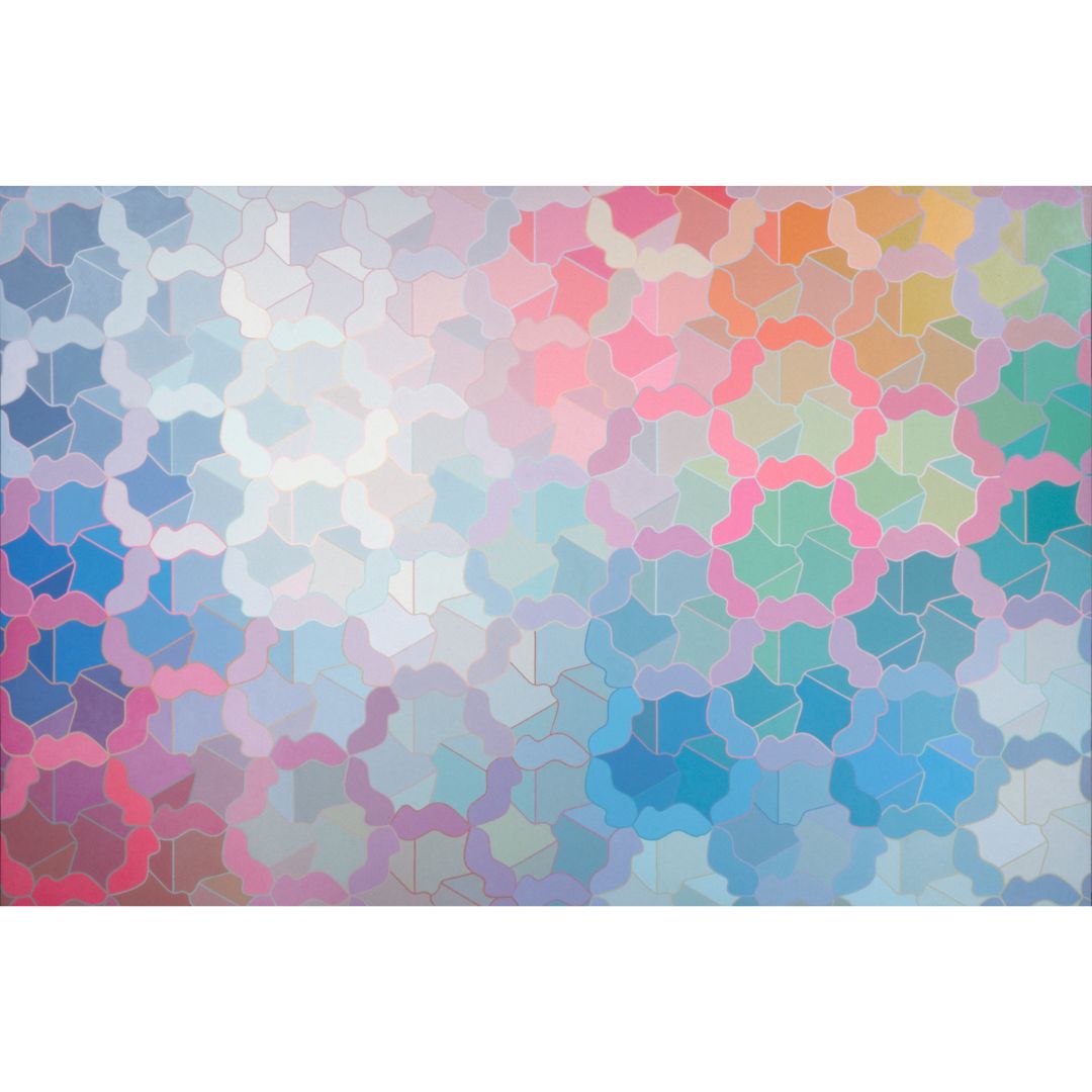 L to R: 1: “Untitled,” c. 1970s, 72 x 108 in. Medium unknown | 2: Spread from “Criss-Cross Art Communications,” No. 6, published by Criss Cross Foundation, 1978 | 3: Various issues of “Criss-Cross Art Communications” | 4: “Untitled,” c. 1970s, dimensions and medium unknown | 5: “285” or “Bari” or “Winterreise,” 1975, 65 x 65 in. Acrylic on canvas | 6: “Tessellation Sky,” 1975, 54 1/2 x 54 1/2 in. Acrylic on canvas | 7: Spread from the exhibition catalogue for “19 Artists—Emergent Americans,” published by Solomon R. Guggenheim Museum, 1981 | 8-9: Installation views, “19 Artists—Emergent Americans,” Solomon R. Guggenheim Museum, New York, 1981 | 10: “Double Reflection,” 1970, 66 x 66 in. Oil on canvas. All artworks by George Woodman © Woodman Family Foundation / Artists Rights Society (ARS), New York. Woodman Family Foundation Archives.