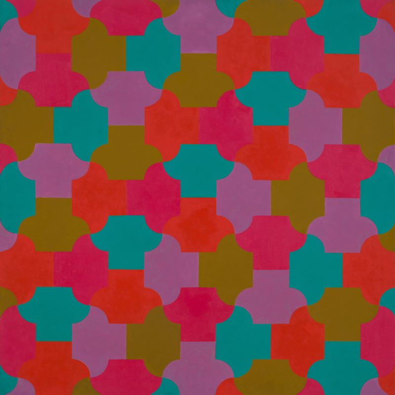 L to R: 1: “A Gentle Tessellation,” 1966/1968, 43 1/4 x 43 1/4 in. Acrylic on canvas | 2: “Pattern on Trapezoid,” 1967, 58 x 42 in. Acrylic on canvas | 3: Spread from “Award Winning Artists: Southeast and Southwest,” published by the National Council on the Arts and National Endowment for the Arts, 1968 | 4: “Untitled,” 1970, 96 x 134 in. Acrylic on canvas | 5: “Untitled,” c. 1966, dimensions & medium unknown | 6: George Woodman’s studio, Boulder, Colorado, c. 1967. Woodman Family Foundation Archives | 7: “Equivocal Hexagon,” 1967, 48 x 48 in. Acrylic on canvas | 8: “Untitled,” 1969, 48 1/4 x 48 1/4 in. Acrylic on canvas. All artworks by George Woodman © Woodman Family Foundation / Artists Rights Society (ARS), New York