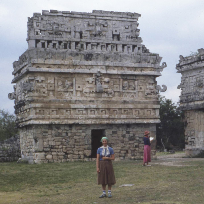 L to R: Detail of Betty Woodman / Betty Woodman, Uxmal, Yucatán, Mexico, c. 1980s / Betty Woodman and friend, Yucatán, Mexico, c. 1980s / Pyramid of the Magician, Uxmal, Yucatán, Mexico, c. 1980s / Pyramid of the Magician, Uxmal, Yucatán, Mexico, c. 1980s / George Woodman, Yucatán, Mexico, c. 1980s / Betty Woodman, Hotel Real Toledo by Kavia, Mérida, Yucatán, Mexico, c. 1980s / George Woodman, Hotel Real Toledo by Kavia, Mérida, Yucatán, Mexico, c. 1980s / George Woodman, Hotel Real Toledo by Kavia, Mérida, Yucatán, Mexico, c. 1980s. Woodman Family Foundation Archives.
