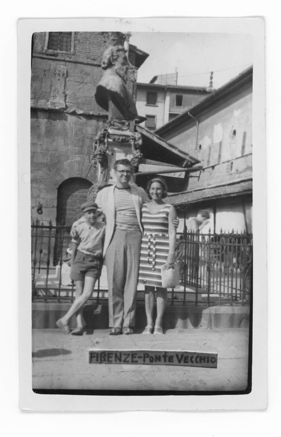 L to R: Charles Woodman, George Woodman, and Betty Woodman, Ponte Vecchio, Florence, Italy, c. 1966 / George Woodman, Florence, Italy, 1966 / Francesca Woodman and Charles Woodman, Fiesole, Italy, c. 1966 / Charles Woodman and Francesca Woodman, Pompeii, Metropolitan City of Naples, Campania, Italy, 1966 / Charles Woodman and Francesca Woodman, Alhambra, Granada, Spain, c. 1966 / Tile detail Alhambra, Granada, Spain / Detail of George Woodman, ceramic tile installation Delavan-Canisius College Station, NFTA-Metro, Buffalo, NY, 1984 / George Woodman. “A Gentle Tessellation,” 1966/68. 43 1/4 x 43 1/34 in. Acrylic on canvas / George Woodman with tile mural commissioned by General Motors and the Detroit Transportation Corporation. Detail of the work in progress on the floor of George's studio, Antella, Italy, 2003. All images Woodman Family Foundation Archives unless otherwise noted. All artworks © Woodman Family Foundation / Artists Rights Society (ARS), New York.