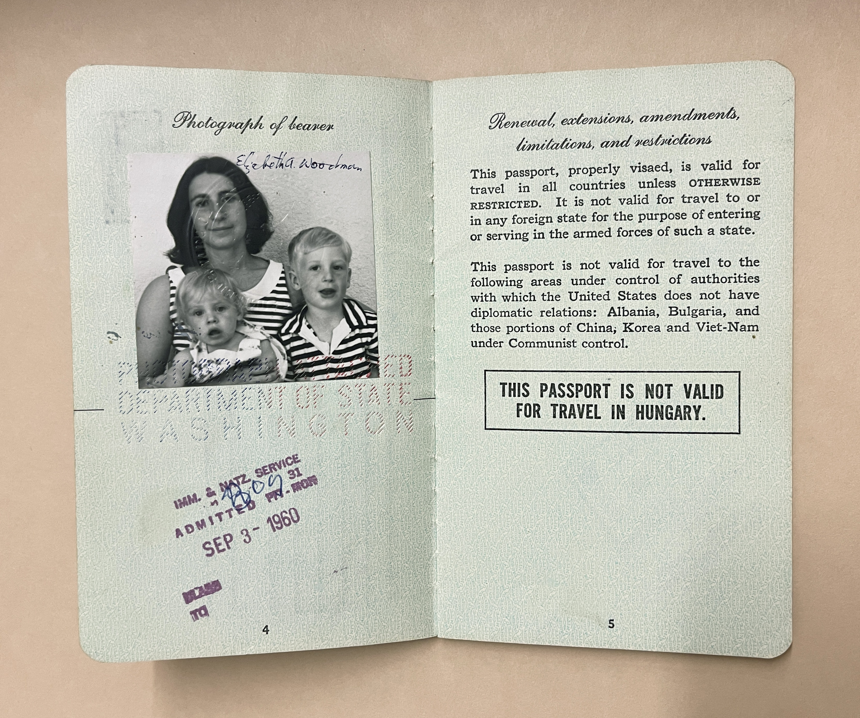 L to R: 1-2: Betty Woodman with Francesca Woodman and Charles Woodman, passport, 1959 / 3-4: George Woodman, passport, 1959 / 5-6: Betty Woodman with Charles Woodman and Francesca Woodman, passport, 1965 / 7-8: George Woodman, passport, 1965 / 9-10: Betty Woodman with Francesca Woodman, passport, 1970. Woodman Family Foundation Archives.