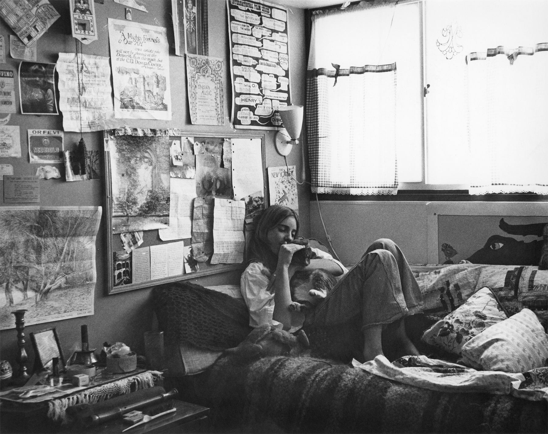 L to R: Francesca Woodman in her dorm room at Abbot Academy, Andover, MA, c. 1972-73. Academic and Advisor Reports from Wendy Snyder MacNeil, Abbot Academy, 1972-1973.