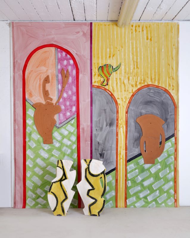 L to R: Betty Woodman. “Courtyard: Pontormo,” 2016. 110 x 84 x 10 in. Glazed earthenware, epoxy resin, lacquer, acrylic paint, and canvas / Images 2-3: Spreads from “Betty Woodman: New York/Florence.” Purple Magazine, Fall/Winter, 2017 / Betty Woodman. “Courtyard: Van Gogh,” 2016. 96 x 84 x 10 in. Glazed earthenware, epoxy resin, lacquer, acrylic paint, and canvas.