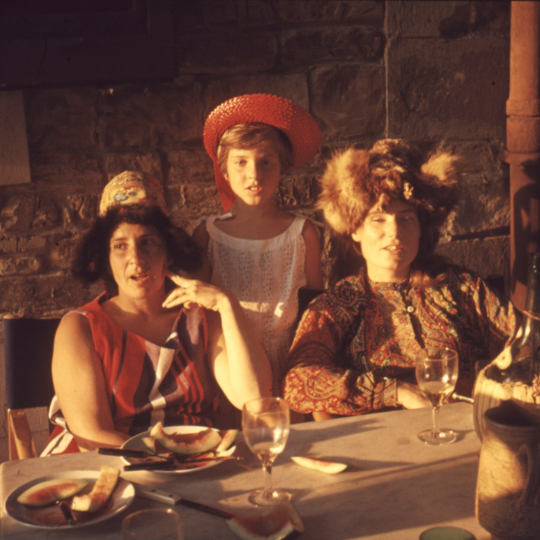 L to R: Betty Woodman, Francesca Woodman and Nancy Graves in Italy, 1966 / Charlie Woodman and Richard Serra in Italy, 1966 / Betty Woodman with Nancy Graves, Richard Serra and unknown friend in Italy, 1965. Woodman Family Foundation Archives.