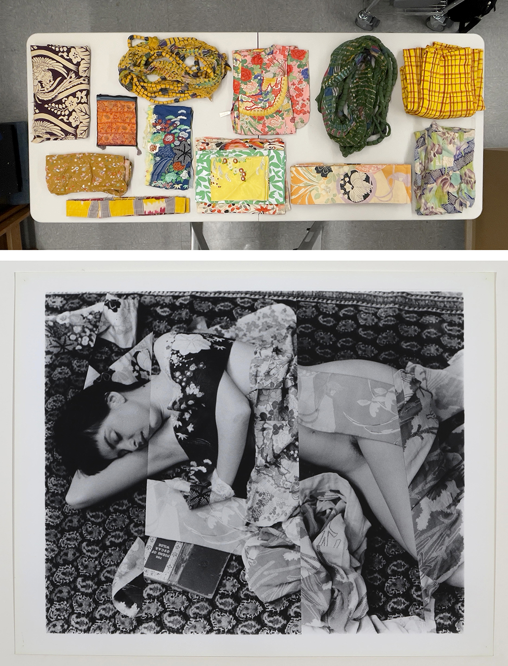 L to R: All artworks by George Woodman. Pair: “Repose (The Sleeper),” 2003. 24 x 30 in / Ephemera, c. 1950s-2010s, George Woodman Collection, Woodman Family Foundation Archives, New York / “Repose (The Sleeper),” 2003. 24 x 30 in / Images 3-4, 8: Ephemera, c. 1980s-2010s, George Woodman Collection, Woodman Family Foundation Archives, New York / “Saskia in a Still Life,” 2003. 30 x 22 in / “Jessica and Airplane,” 2002. 30 x 40 in / “Still Life with Rachel,” 1997. 20 x 16 in. All artworks gelatin silver prints.