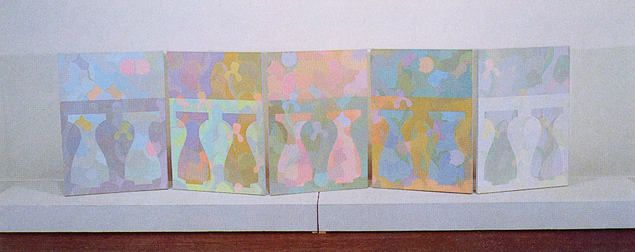 L to R: Installation view, “Low Balustrade Screen” or "Garden Balustrade Screen" (1981) at Haber-Theodore Gallery, New York, 1982 / George Woodman. "Low Balustrade Screen" or "Garden Balustrade Screen," 1981. 151 1/2 x 42 in. Acrylic on canvas, five panels with hinges / Brochure for exhibition “Partitions” at Pratt Manhattan Center Gallery, New York, 1982. Woodman Family Foundation Archives.