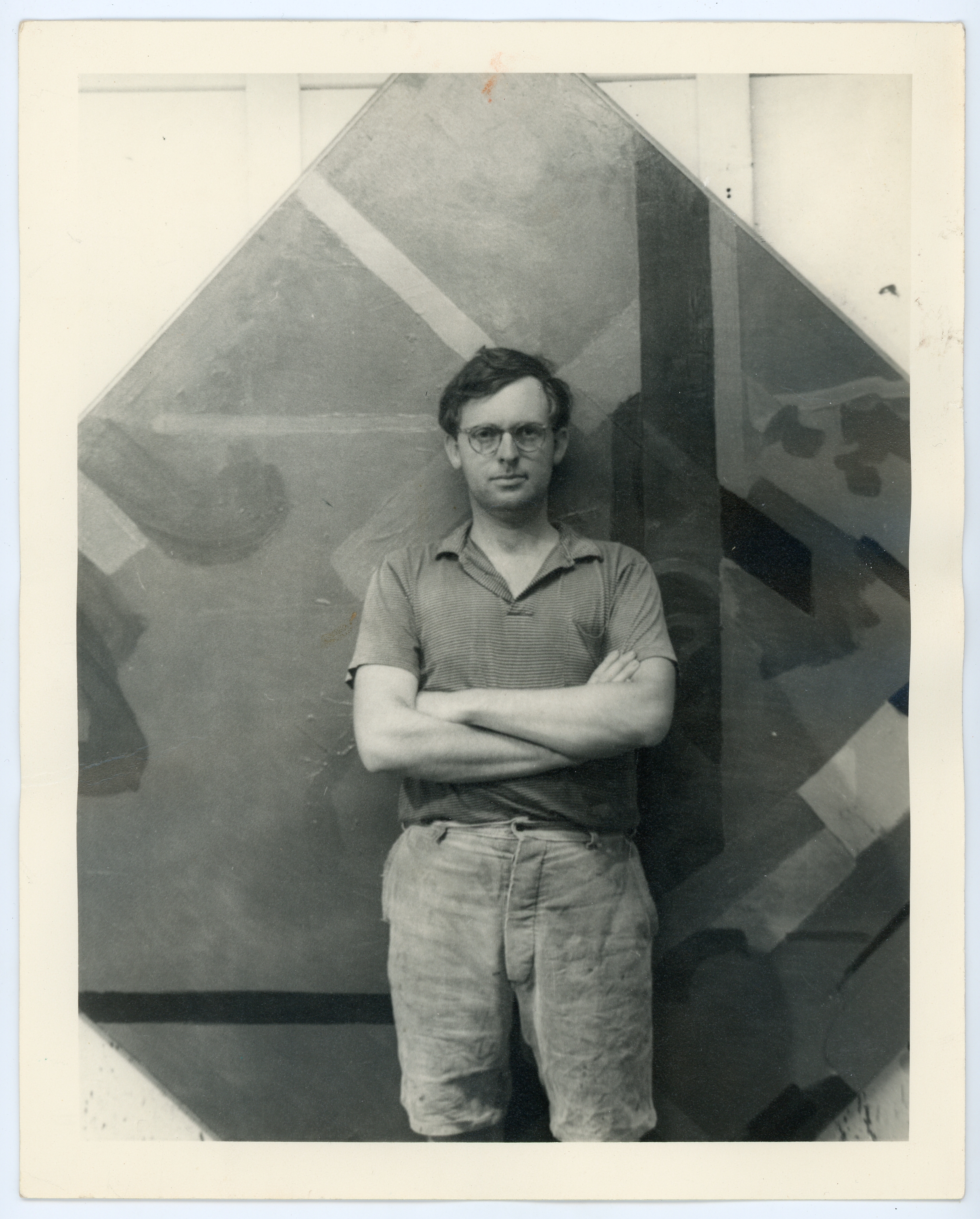 L to R: George Woodman with one of his early landscape paintings, c. 1962 | "Untitled," c. 1963. 70 x 70 in. Oil on canvas / "Untitled," c. 1961-62. 61 x 51 in. Oil on canvas | Artist statement, c. 1962. All works by George Woodman