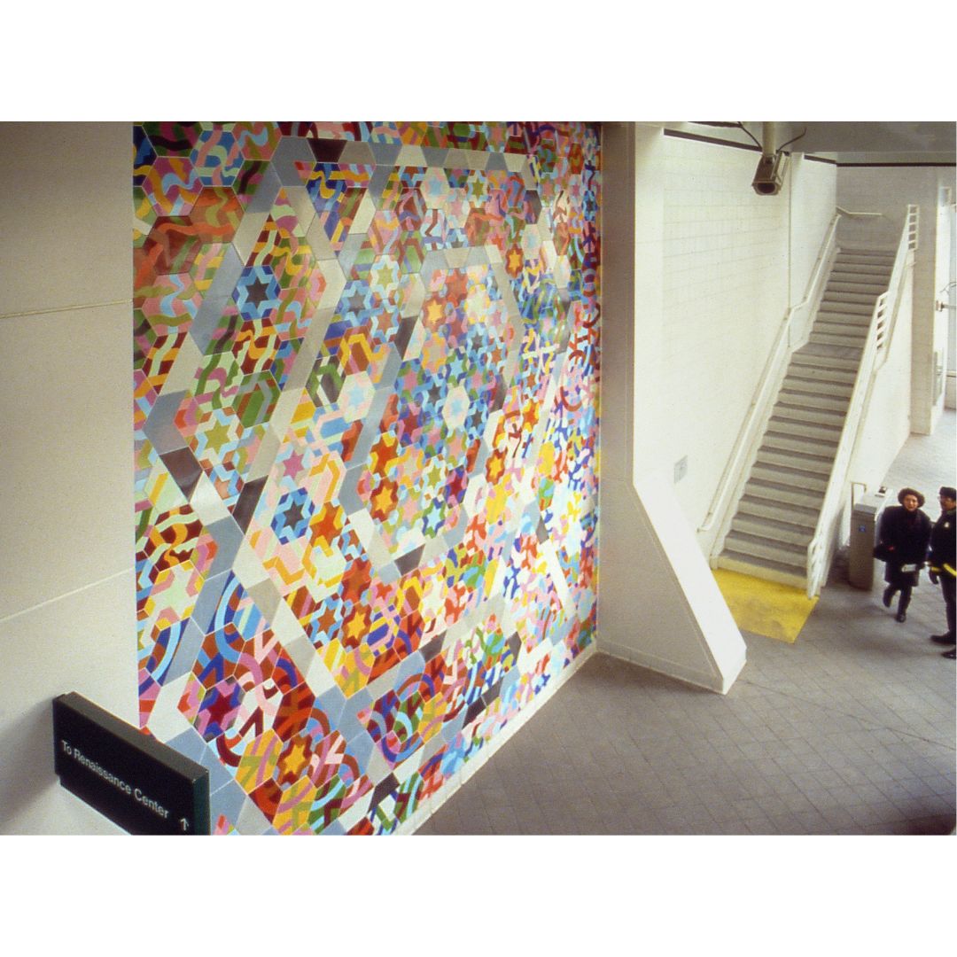 L to R: 1-4: “Dreamers and Voyagers Come to Detroit,” 1987. Installation views, Renaissance Center Station, Detroit, MI, 1987 | 5: Students laying tiles on the floor, Renaissance Center station, Detroit, MI, 1987 | 6-7: Production and silkscreening of tiles, Franco Pecchioli SRL, Borgo San Lorenzo, Tuscany, Italy | 8-9: Notes and sketches on modules’ designs and colors, 1986 | 10: Bullock, Lorinda. “A creator starts over. Renaissance indeed: tile art reborn.” Detroit Free Press, 17 November 2004 | 11-13: “Path Games,” 2004. Installation views, Renaissance Center Station, Detroit, MI, 2004 | 14: Drawing of modules for “Path Games." All artworks, sketches, and notes by George Woodman © Woodman Family Foundation / Artists Rights Society (ARS), New York. Woodman Family Foundation Archive.