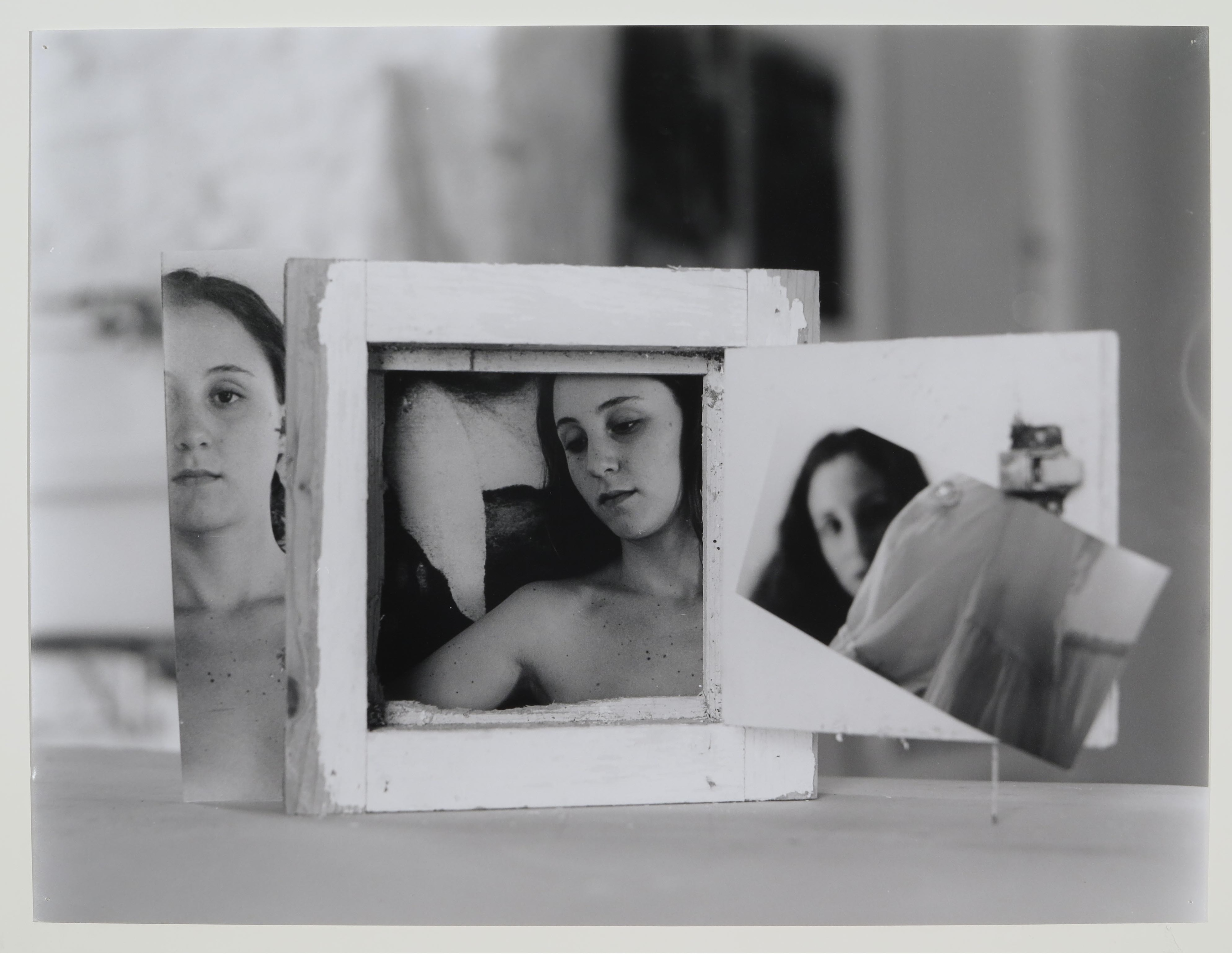 ‍L to R: “Three Views of Eleonora,” 2011. 18 x 24 in / “A Geometric Investigation II,” 2009. 24 x 20 in / “Variation on Vermeer,” 2010. 24 x 20 in / “Vermeer and Sleeping Eleonora,” 2010. 59 x 41 1/2 in / George Woodman with Eleonora Picheca, 2011. Courtesy Eleonora Picheca. All gelatin silver prints. All works by George Woodman © Woodman Family Foundation / Artists Rights Society (ARS), New York