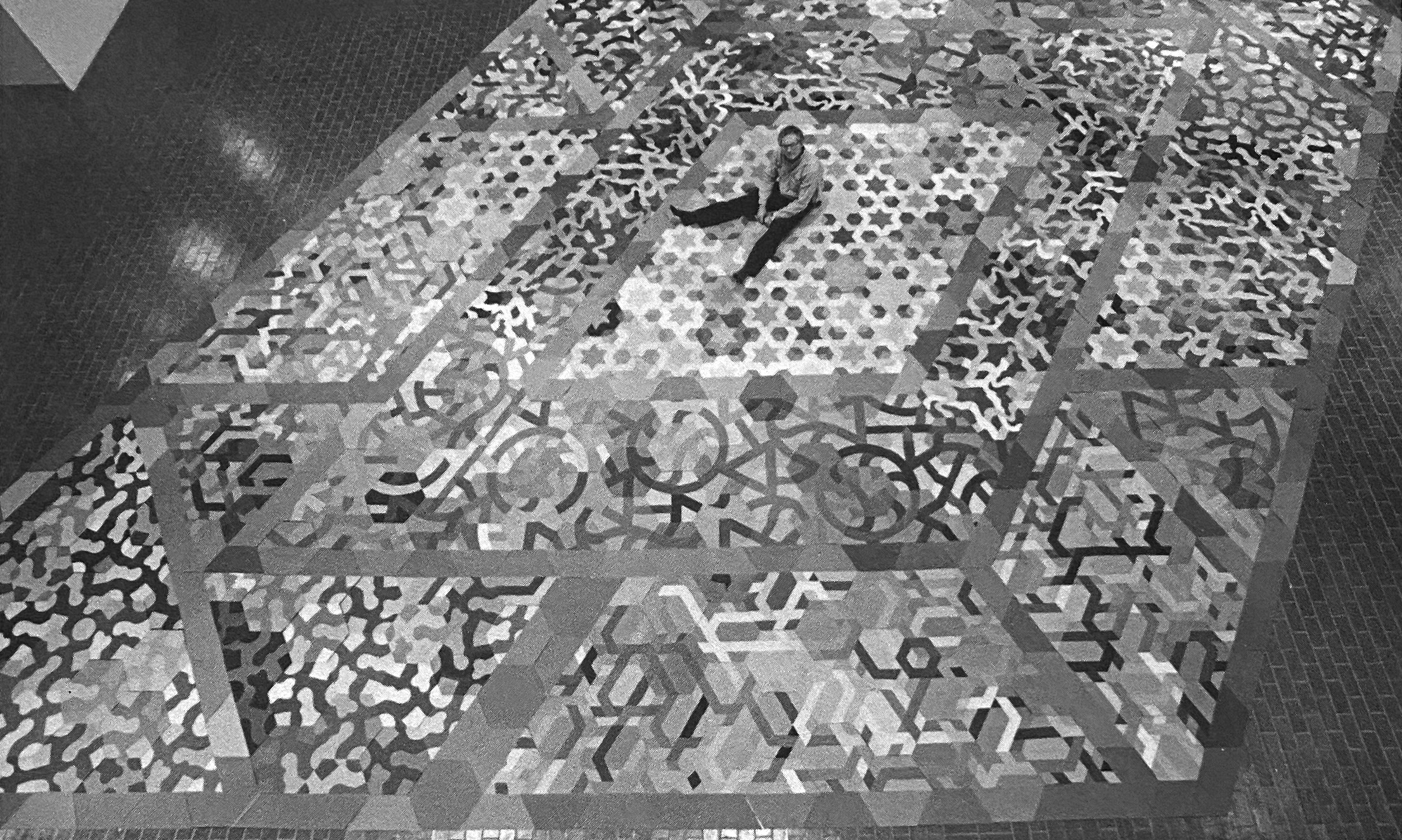 All images related to George Woodman, The Rochester Carpet, 1984, Bevier Gallery, RIT, Rochester, NY. L to R: Installation view with the artist / Installation view / Students sorting patterns before painting / Pages from the artist's instructions / article in the Times-Union, Rochester, NY, December 6, 1984.