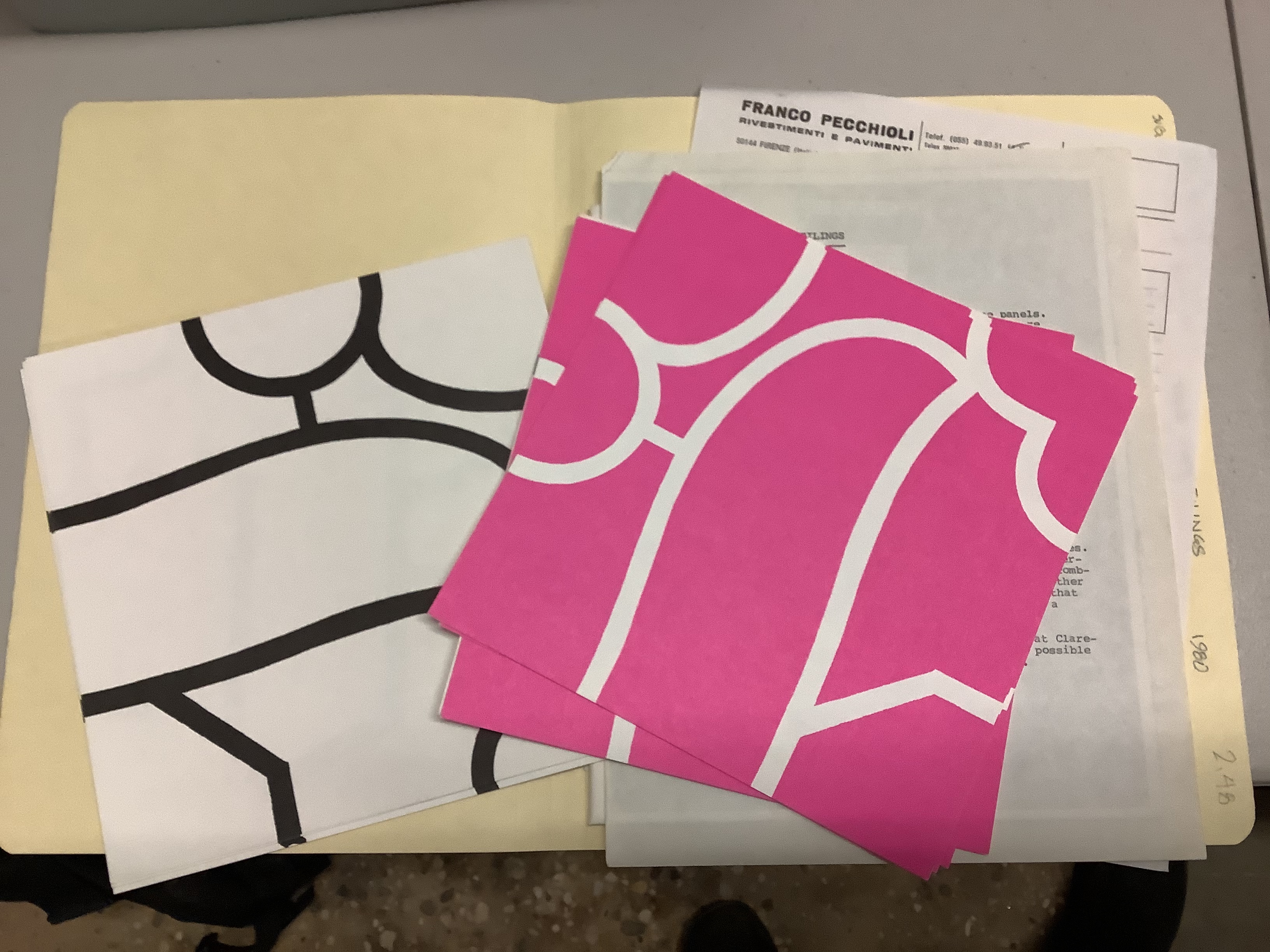 L to R: 1-3: Processing George Woodman’s paper tiles in WFF archive, 2022 / 4-5: George Woodman’s paper tile installation, Denver Art Museum, 1980 / 6-7: George Woodman’s paper tile installation, unknown location, 1981. Woodman Family Foundation Archives.