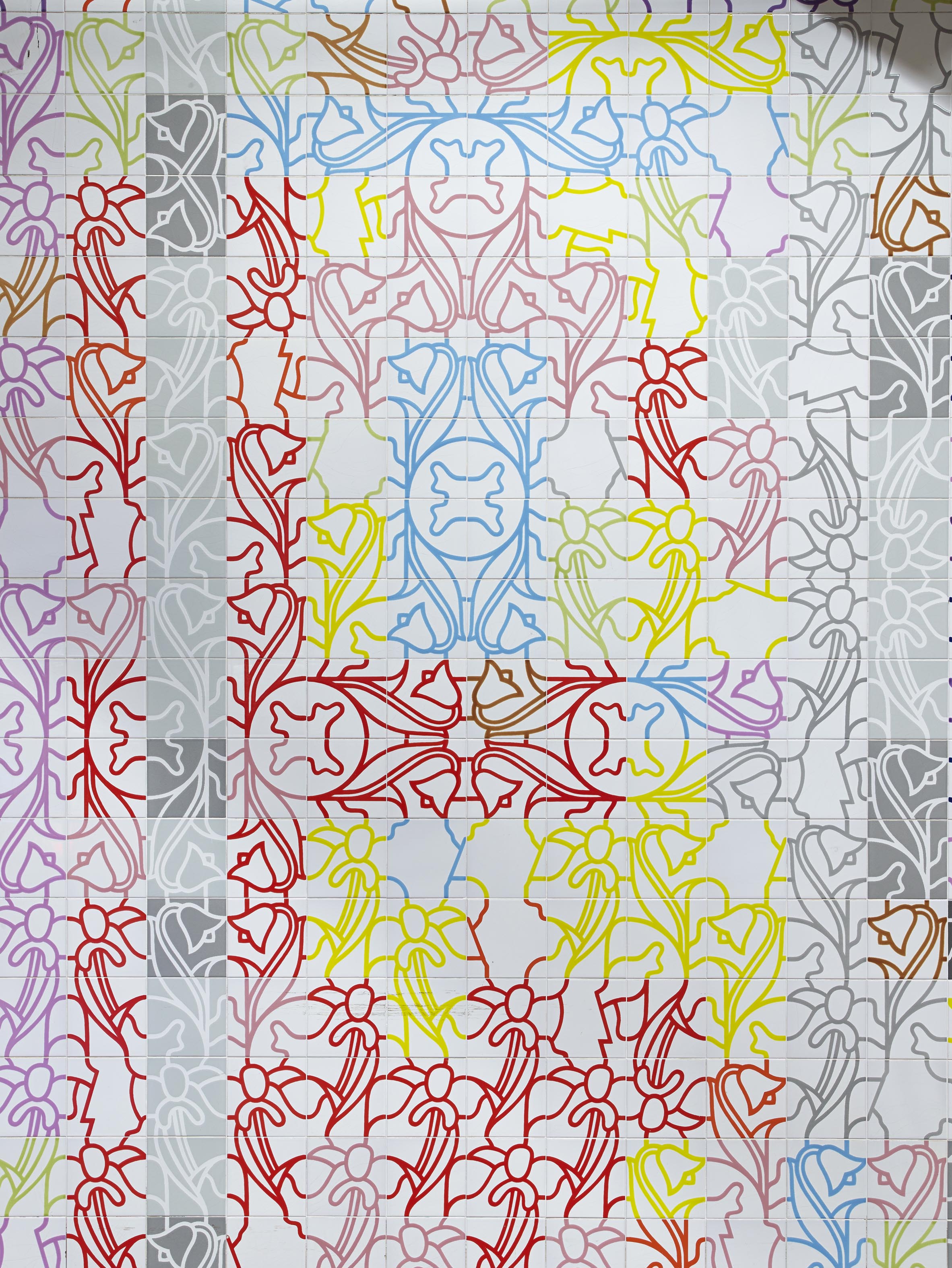 L to R: All images George Woodman, ceramic tile installation, 1984, Delavan-Canisius College Station, NFTA-Metro, Buffalo, New York. Woodman Family Foundation Archives.