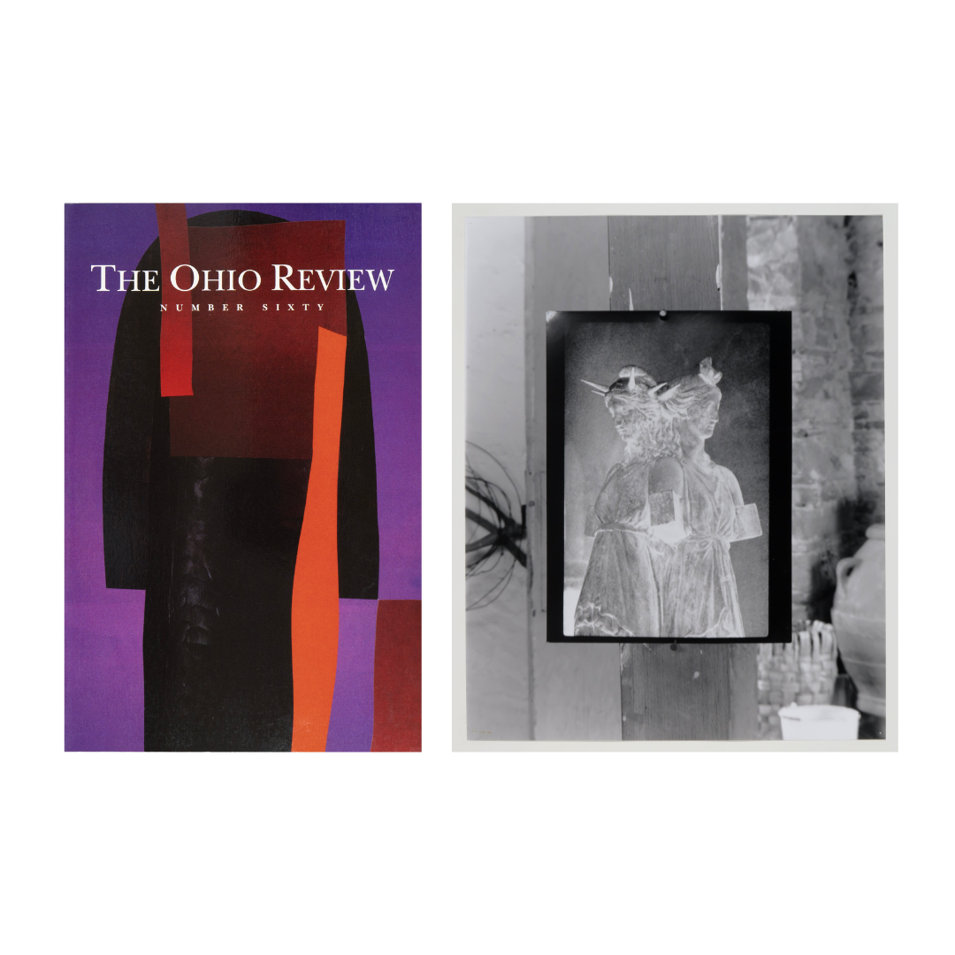 L to R: Pair: Dodd, Wayne (Ed.) The Ohio Review, No. 60. Athens, OH: The Ohio University, 1999. / “A Classical Mystery,” 1996 | Quote from “Some Photographs of Photographs” by George Woodman in The Ohio Review, No. 60, 1999. | “A Classical Mystery,” 1996, 20 x 16 in. | “Apollo and Psyche” or “Pysche et Amour,” 1997, 20 x 16 in. | “Still Life with Rachel” or “Childhood Memories,” c. 1997-98, 20 x 16 in. | “French Fashion in Madison Square” or “M. Vionnet in Madison Square,” 1999, 24 x 20 in. | Woodman, George. “Some Photographs of Photographs,” in The Ohio Review, No. 60, 1999. All gelatin silver prints. All works by George Woodman © Woodman Family Foundation / Artists Rights Society (ARS), New York.