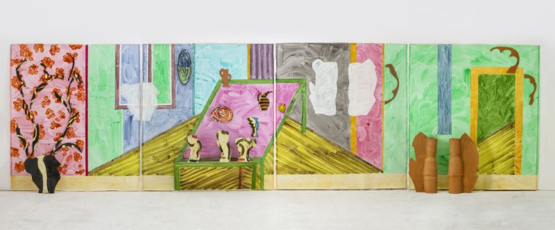 L to R: “The Summer House,” 2015. 338 1/2 x 94 1/2 x 12 in. Glazed earthenware, epoxy resin, lacquer, acrylic paint, canvas, and wood. Photo: Bruno Bruchi / 2-3: Details of “The Summer House,” 2015 / “Vase Upon Vase: Orfeo,” 2013. 66 1/2 x 23 x 16 1/4 in. Glazed earthenware, epoxy resin, lacquer, acrylic paint, and wood. Photo: Brian Forrest / “Cherry Blossom Time,” 2005. 65 x 27 1/2 x 9 3/4 in. Photo: Christopher Burke / Installation view of “Portugal” (2005), The Great Hall, The Metropolitan Museum of Art, 2006. 34 1/4 x 29 1/2 x 18 in. Photo: Peter Harkawik / “Rose et Noir,” 1989. 21 x 26 x 22 in. Photo: Christopher Burke / Images 5-7: All glazed earthenware, epoxy resin, lacquer, and acrylic paint / Cover of “Frieze," No. 177, March, 2016. All artworks by Betty Woodman © Woodman Family Foundation / Artists Rights Society (ARS), New York