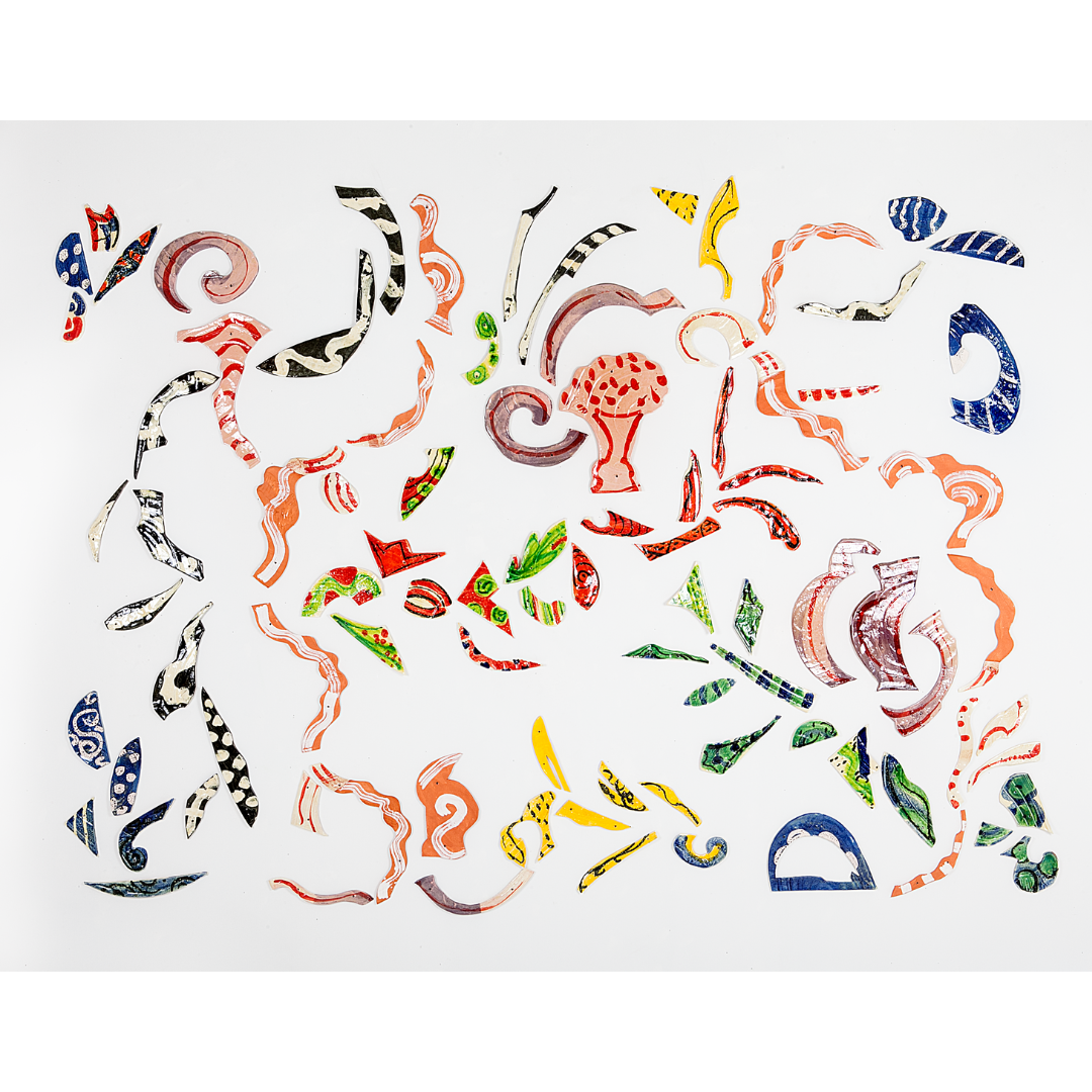 L to R: 1: Betty Woodman, “Wallpaper,” 2013, 84 x 120 in. Glazed earthenware, epoxy resin, lacquer, acrylic paint | 2, 9: Page from “The Cut-Outs of Henri Matisse” | 3: Betty Woodman, “Orange Rug with Clay Bones,” 2013, 105 1/4 x 47 x 1 in. Earthenware, canvas, acrylic paint | 4: Detail from Henri Matisse, “Oceania, the Sea,” 1948, 68 1/8 × 152 1/2 in. Linen, plain weave; screen printed. Produced by Zika Ascher, Ltd. Art Institute of Chicago. | 5: Detail from “Orange Rug with Clay Bones,” 2013 | 6: Betty Woodman, “Balustrade Relief Vase 05-1,” 2005, 55 x 48 x 9 in. Glazed earthenware, epoxy resin, lacquer | 7: Betty Woodman, "Outside and In," 2017, 75 1/2 x 120 x 10 1/2 in. Glazed earthenware, epoxy resin, lacquer, acrylic paint, canvas, wood | 8: Betty Woodman, “House of the South,” 1994-1996, 159 x 246 x 9 1/2 in. Glazed earthenware, epoxy resin, lacquer, paint. Installation view from “The Art of Betty Woodman,” Metropolitan Museum of Art, New York, New York, 2006 | 10: "The Cut-Outs of Henri Matisse” by John Elderfield, New York: George Braziller, 1978, from Betty Woodman’s collection. All Betty Woodman artworks © Woodman Family Foundation / Artists Rights Society (ARS), New York. All Henri Matisse artworks © Succession H. Matisse / Artists Rights Society (ARS), New York