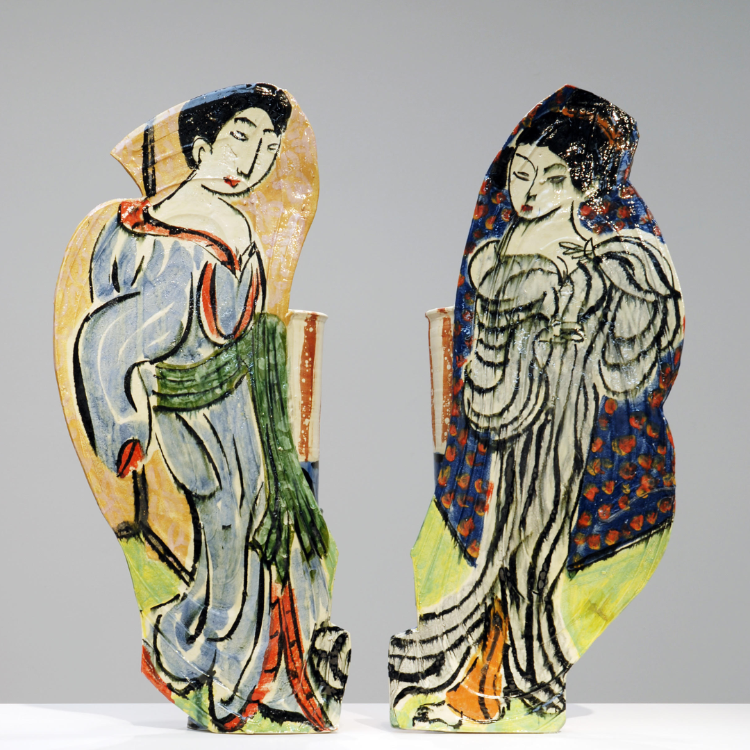 L to R: 1: Betty Woodman. “Edo Fashion Ladies,” 2006, glazed earthenware, 34 1/2 x 32 1/2 x 7 in. | 2: Page from “Fashion of Edo: Women's Dress in Ukiyo-e Paintings 1989." Japan Institute of Arts and Crafts, 1989 | 3 & 7: Betty Woodman. “After the Bath,” 2011, glazed earthenware, epoxy resin, lacquer, acrylic paint, 35 x 37 1/2 x 8 in. | 4: Pair: Detail from Betty Woodman, “After the Bath” / Ippitsusai Bunchō, “Kagiya Osen,” from “Japanese Prints” by Gabriele Fahr-Becker, Barnes & Noble Inc., 2003 | 5: Detail from Betty Woodman, “After the Bath” | 6: Ishikawa Toyonobu, “After the Bath,” page from “Japanese Prints” by Gabriele Fahr-Becker | 8: Spread from “Edo Chiyogami” by Hirose Tatsugoro, Seigensha, 2002 | 9: “Fashion of Edo: Women's Dress in Ukiyo-e Paintings 1989." Japan Institute of Arts and Crafts, 1989, with torn page | 10: Selected publications on Japanese art from Betty Woodman’s collection All Betty Woodman artworks © Woodman Family Foundation / Artists Rights Society (ARS), New York.