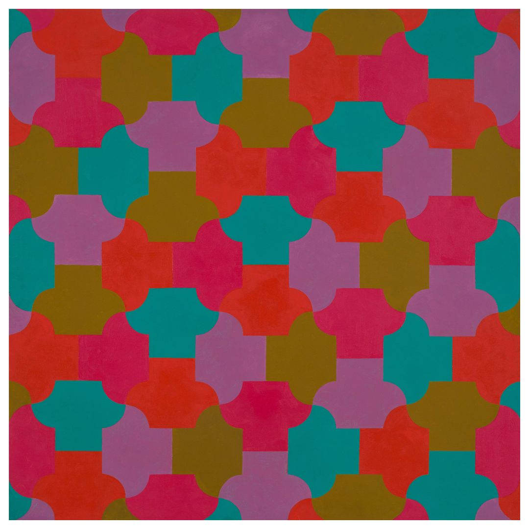 L to R: 1: “A Gentle Tessellation,” 1966/1968, 43 1/4 x 43 1/4 in. Acrylic on canvas | 2: “Pattern on Trapezoid,” 1967, 58 x 42 in. Acrylic on canvas | 3: Spread from “Award Winning Artists: Southeast and Southwest,” published by the National Council on the Arts and National Endowment for the Arts, 1968 | 4: “Untitled,” 1970, 96 x 134 in. Acrylic on canvas | 5: “Untitled,” c. 1966, dimensions & medium unknown | 6: George Woodman’s studio, Boulder, Colorado, c. 1967. Woodman Family Foundation Archives | 7: “Equivocal Hexagon,” 1967, 48 x 48 in. Acrylic on canvas | 8: “Untitled,” 1969, 48 1/4 x 48 1/4 in. Acrylic on canvas. All artworks by George Woodman © Woodman Family Foundation / Artists Rights Society (ARS), New York