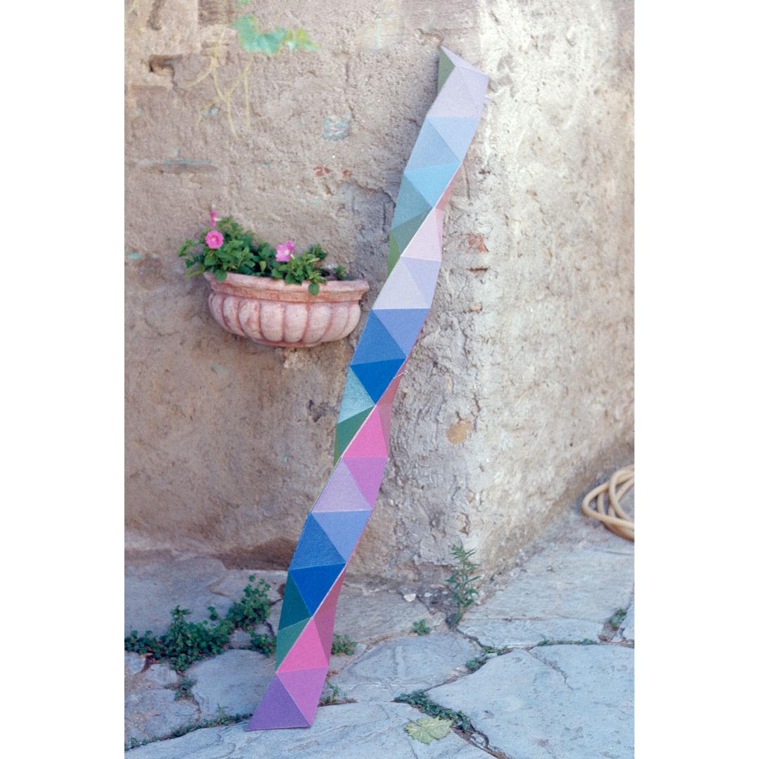 L to R: 1, 3, 5: “Untitled,” c. 1973-74 | 2: George Woodman with sculpture, Antella, Italy, c. 1970s | 4: “Untitled,” 1975, 60 x 60 in. Acrylic on canvas | 6: “5 Sided Column,” c. 1973 | 7: “Untitled,” c. 1973 | 8: “Untitled,” c. 1974 | 9-10: Photographed sketches and notes, undated | 11: “Untitled,” c. 1964. Pyramid-shaped painting suspended from a tree in Woodman’s backyard, Boulder, Colorado. All sketches and artworks by George Woodman © Woodman Family Foundation / Artists Rights Society (ARS), New York. Woodman Family Foundation Archives.