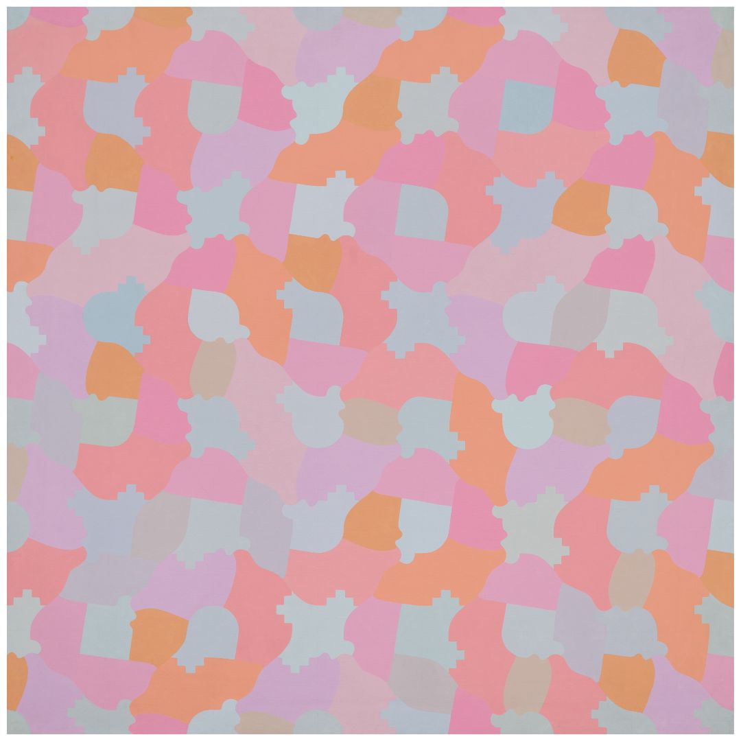 L to R: 1: “Untitled,” 1978, 49 x 49 in. Acrylic on canvas | 2: Installation view, “George Woodman: A Democracy of Parts, Paintings 1966-1978,” DC Moore Gallery, New York, New York, 2025 | 3: “Grey Portal,” 1978, 84 x 84 in. Acrylic on canvas | 4: “Untitled,” 1978, 48 x 48 in. Acrylic on canvas | 5-7: Installation views, “Three Paper Tilings,” Claremore College, Claremore, Oklahoma, 1979 | 8: Installation view, “Paper Tilings,” Denver Art Museum, Denver, Colorado, 1980 | 9: “Sentimental Geometry,” 1981, 120 x 252 in. Paper tiles. Installation view, “Criss-Cross at Yellowstone,” Yellowstone Art Center, Billings, Montana, 1981 | 10-11: “Rochester Carpet,” 1984. Hand-painted chipboard tile installation. Bevier Gallery, Rochester Institute of Technology, Rochester, New York, 1984. All artworks by George Woodman © Woodman Family Foundation / Artists Rights Society (ARS), New York. Woodman Family Foundation Archives.