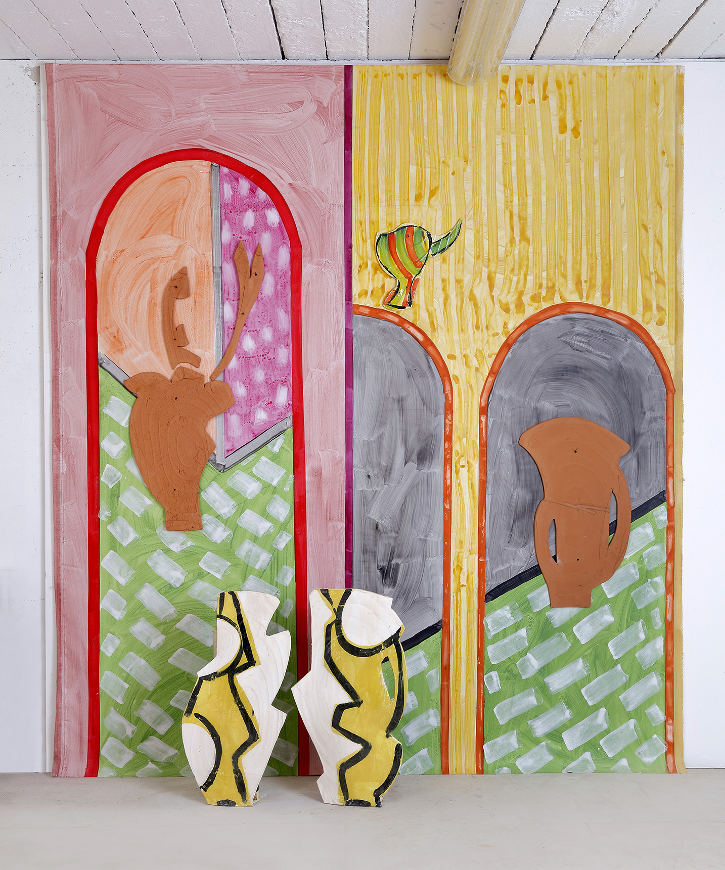 Betty Woodman, Courtyard: Pontormo, 2016, glazed earthenware, epoxy resin, lacquer, acrylic paint, canvas