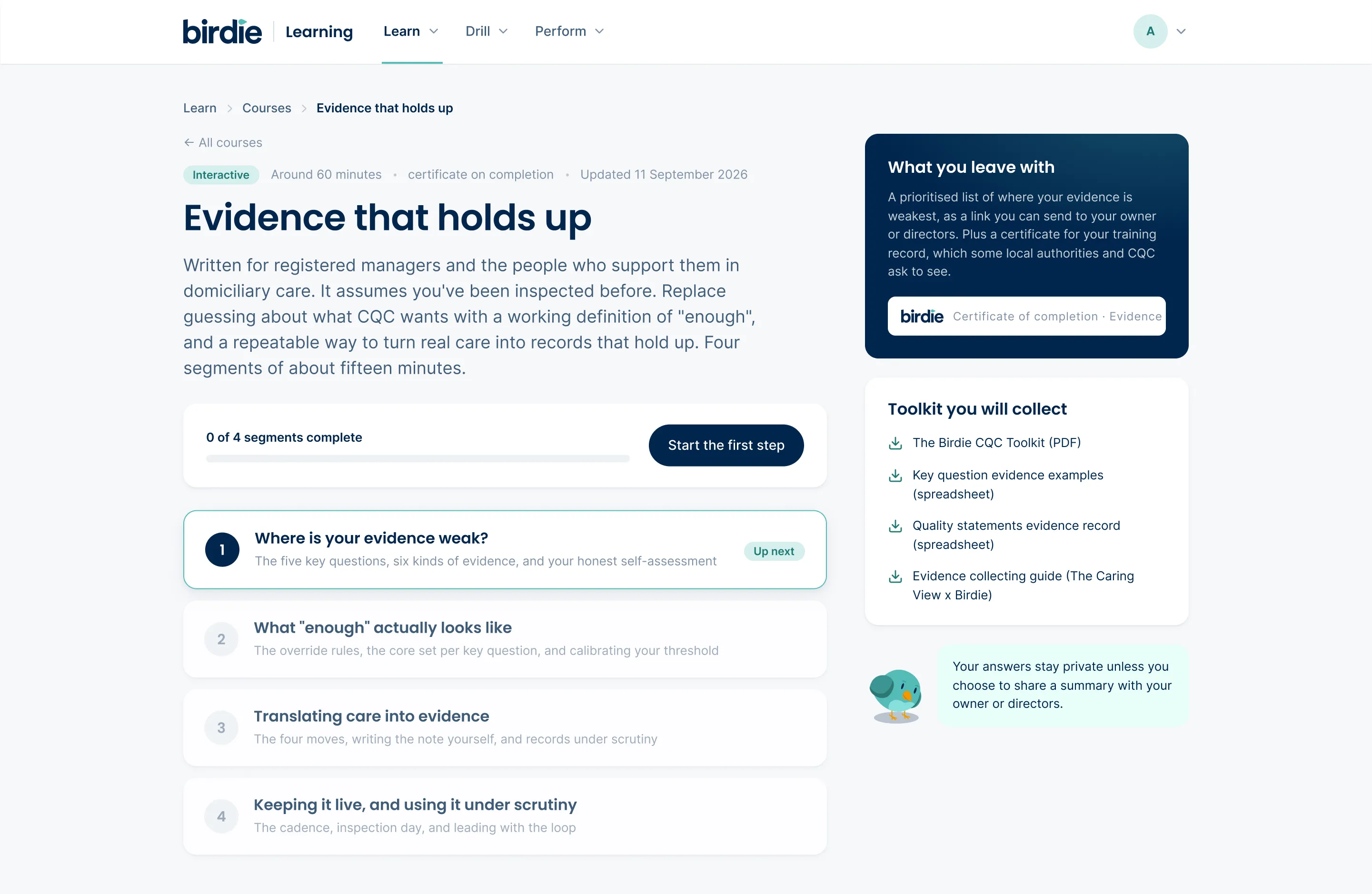 Screenshot of Birdie Learning course page titled 'Evidence that holds up' for registered managers in domiciliary care, describing course segments and progress with a start button and a sidebar listing training benefits, toolkit downloads, and privacy info.