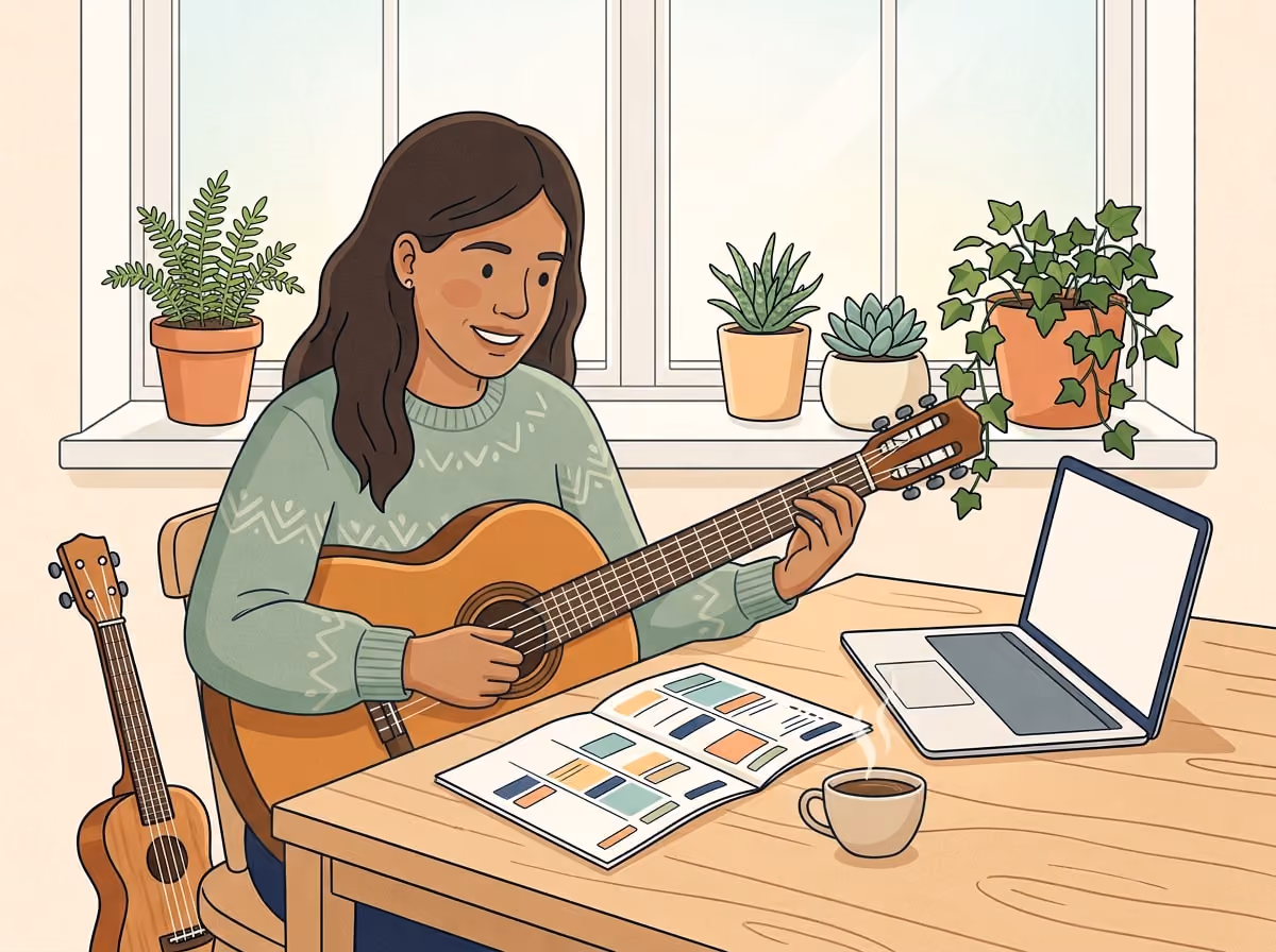 A music therapist plans a week of contracts and private clients at a kitchen table