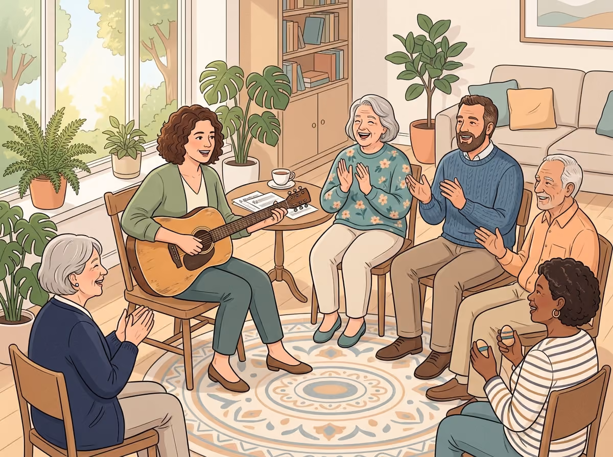 A music therapist leads a joyful sing-along with a group of older adults