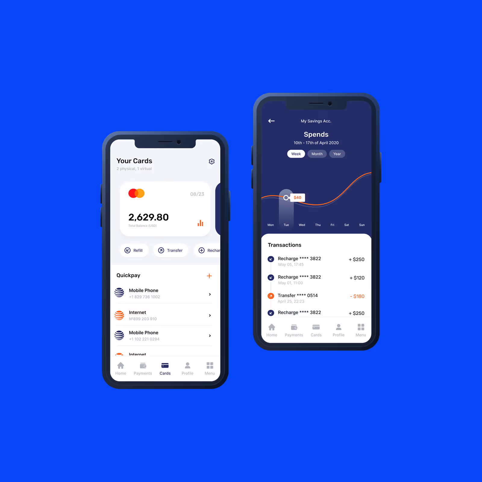 Two smartphone screens displaying fintech app interface by AKVEO with dashboard and transaction overview.