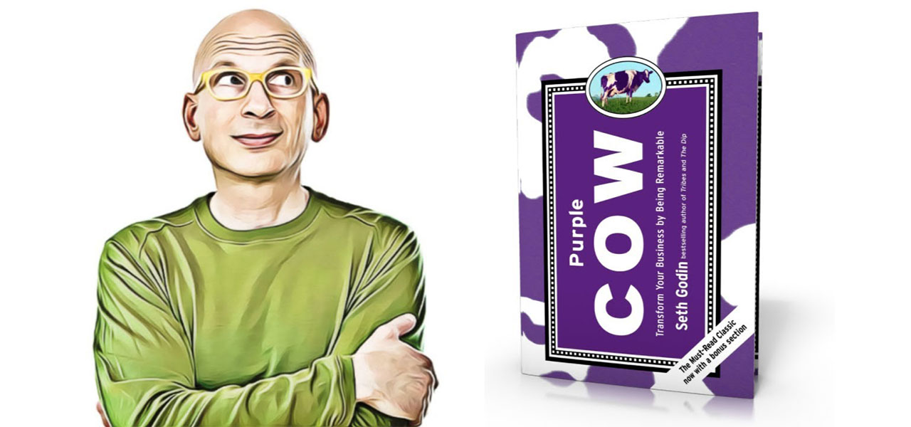 Seth Godin illustration with Purple Cow book cover.