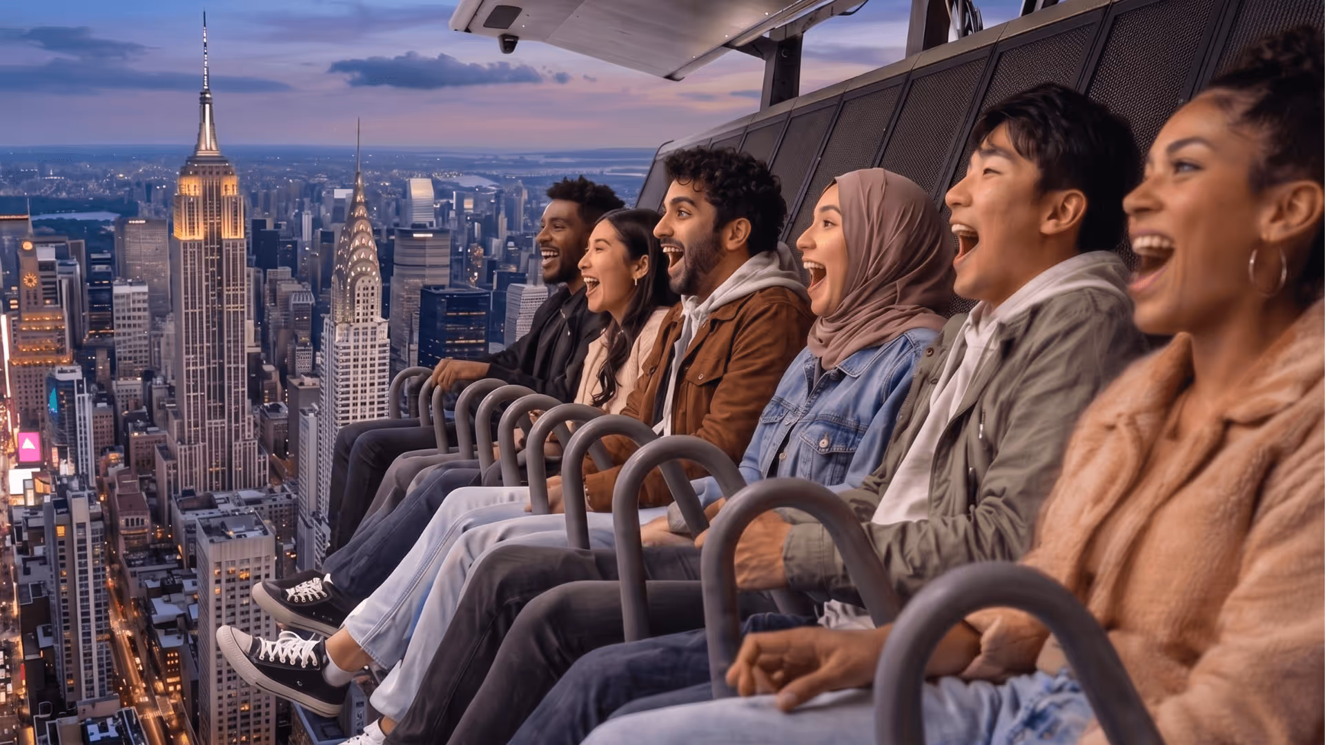 A group of friends smiling and in awe as they ride the RiseNY attraction