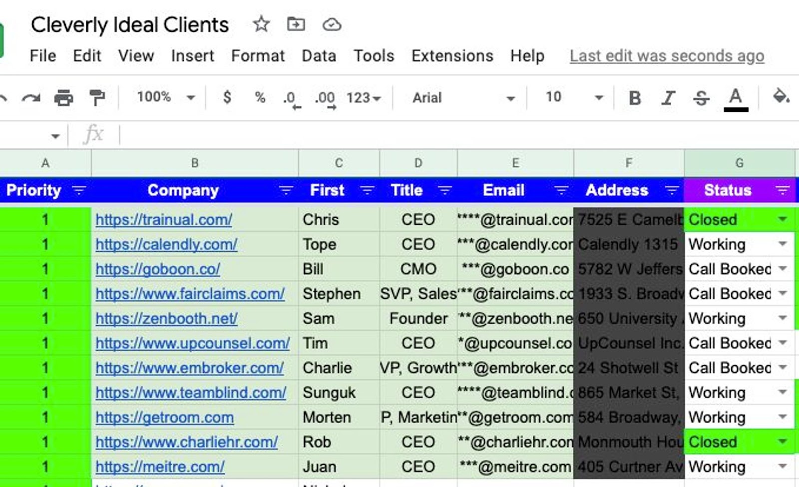 Google Sheet showing part of Cleverly's dream 100 list.
