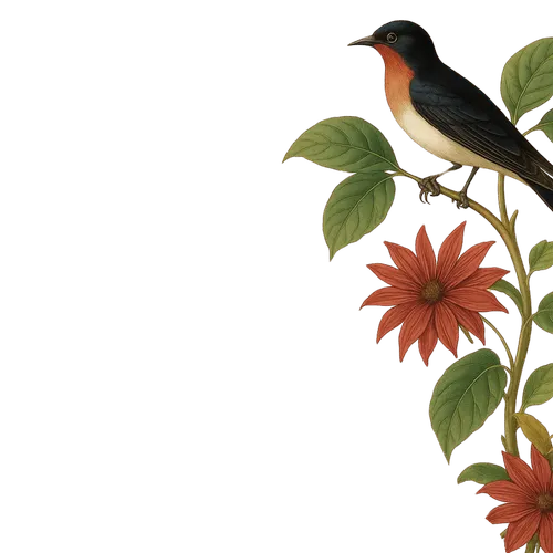 Cute black bird with orange belly on a branch