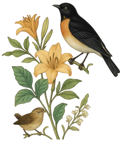 A large black bird with an orange belly and a small finch both sitting on branches from flowers
